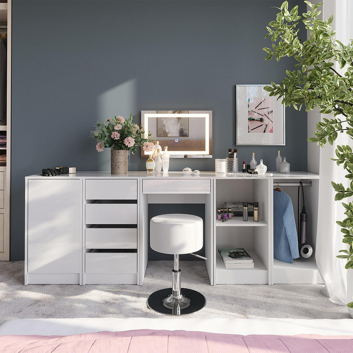 SCHMINKTISCH Sherry Weiß/Weiß Hochglanz 51.4 cm mit LED-Spiegel und Hocker - Weiß Hochglanz, Holzwerkstoff (51.4/76/50.1cm) - Vicco