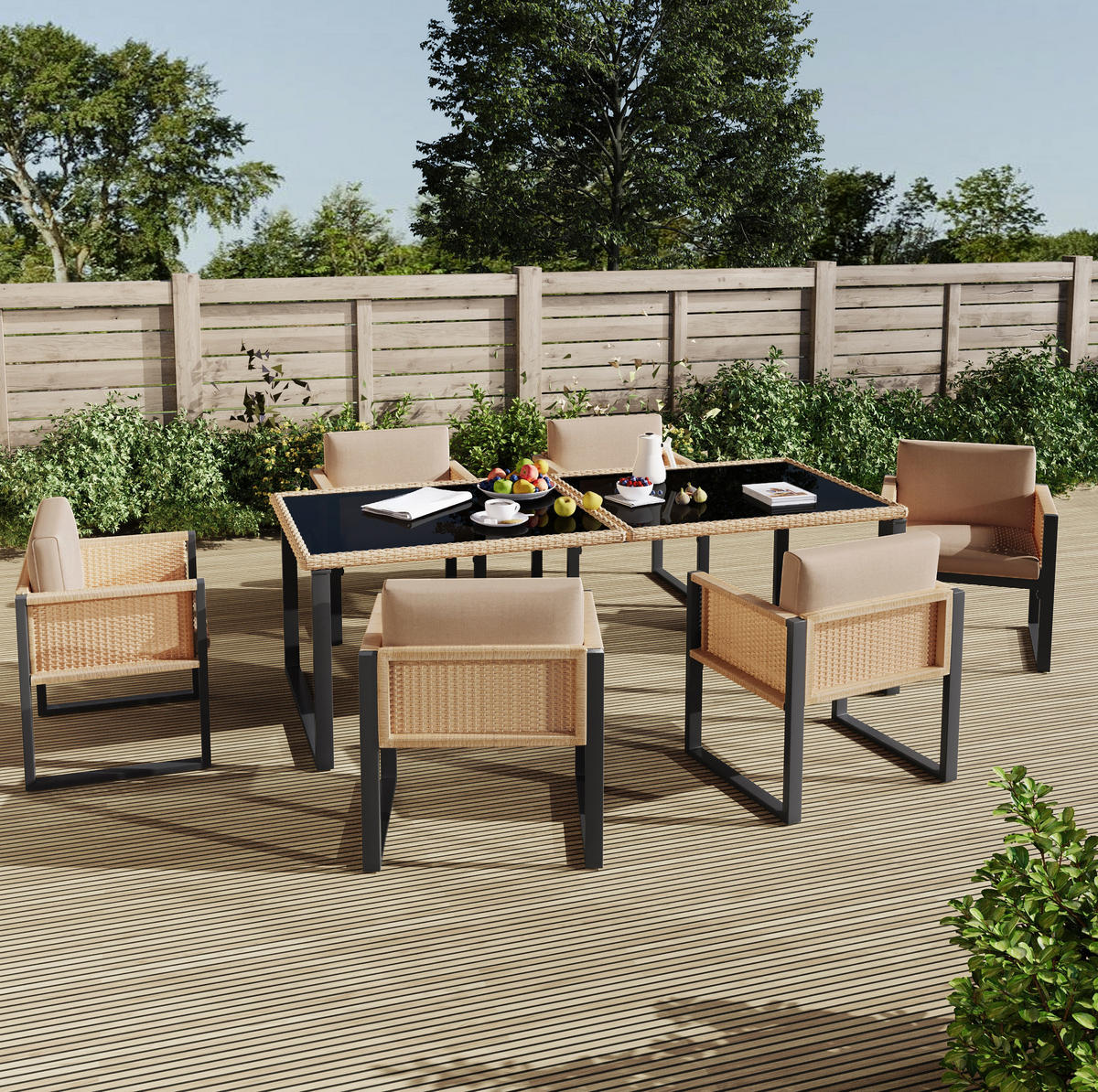 GARTEN-ESSGRUPPE 170/80/75 cm schwarz/braun aus PE-Rattan mit 6 Stühlen - Schwarz, Kunststoff - OKWISH