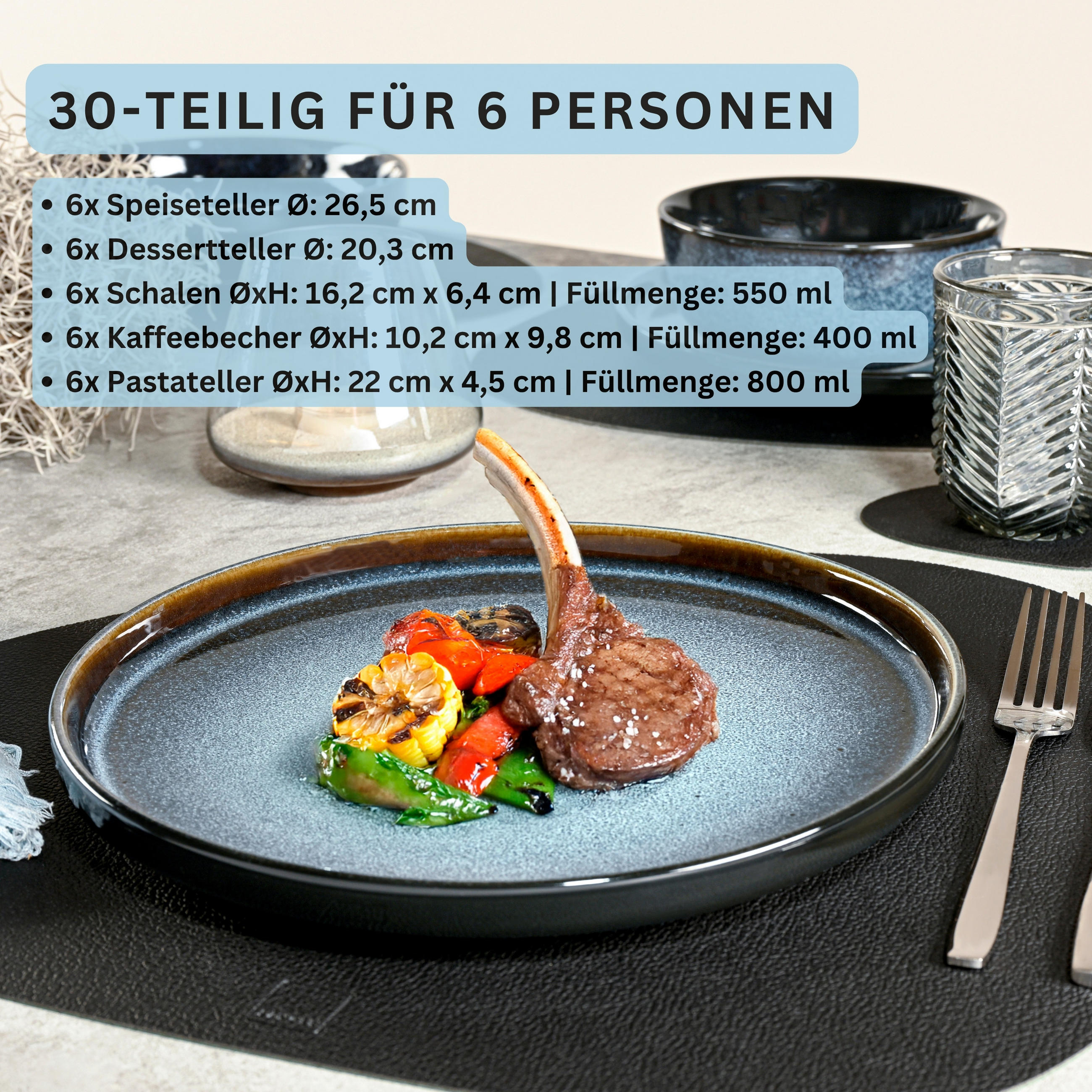 KOMBISERVICE OSAKA - 30 teilig aus Steingut - Blau, Stein (27/10.4/27cm) - Sänger