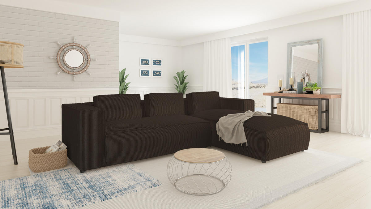 ECKSOFA Nova Dunkelbraun Cord, Ottomane rechts - Dunkelbraun/Schwarz, Holz/Kunststoff (262/176cm) - S-Style Möbel