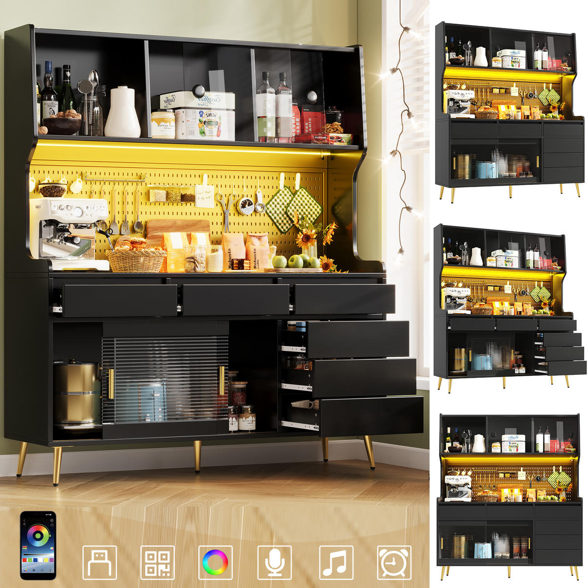 BUFFET Vitrinenschrank Schiebetüren LED Glas Metall Lochplatte moderne Stauraumlösung schmal - Goldfarben/Schwarz, Glas/Holzwerkstoff (144.9/171/39cm) - EVRYAE