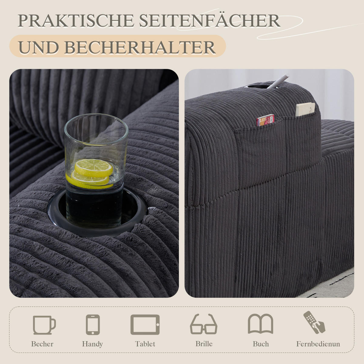 SOFA Grau, Relaxsessel Cord mit Getränkehalter und Stauraum, ohne Montage - Grau, Textil (158/61/93cm) - PARAFTA HOME