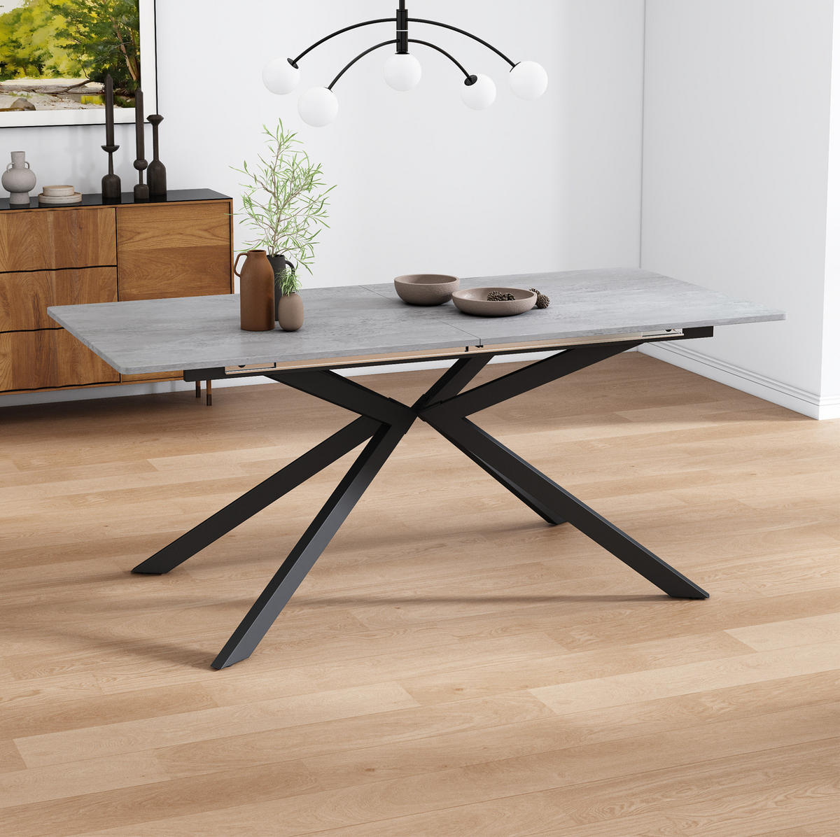 ESSTISCH 150/70/76 cm Schwarz Grau ausziehbar mit Kreuzgestell in Zementoptik - Grau, Holzwerkstoff (180/70/75.5cm) - OKWISH