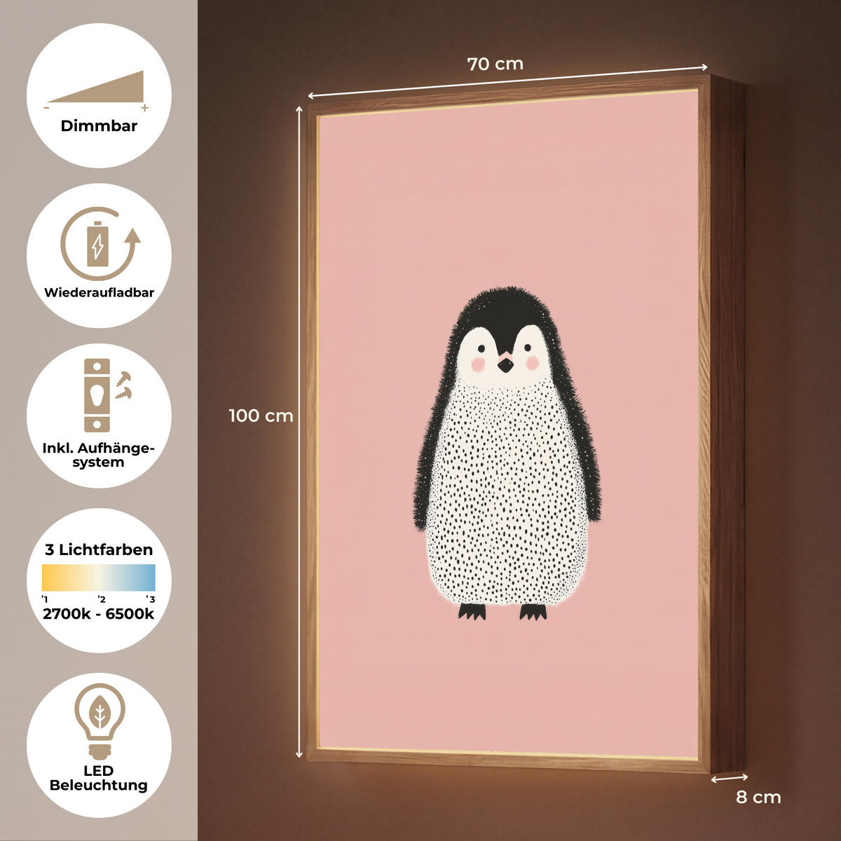 NÁSTĚNNÁ LAMPA S AKUMULÁTOREM Tučňák - Tečky - Minimalistický - Růžový 70x100 cm - růžová, kompozitní dřevo (70/100/8cm) - OnlyWow