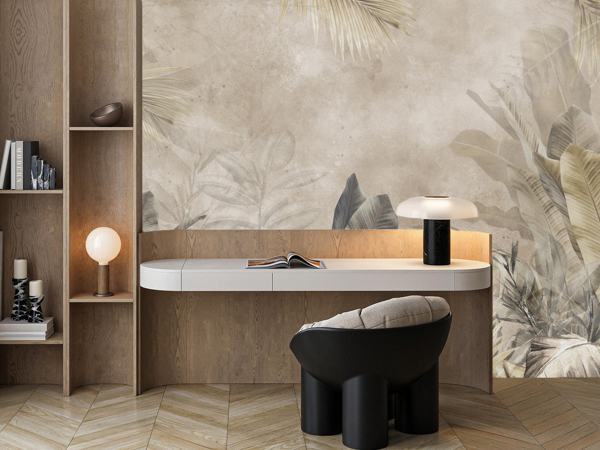 FOTOTAPETE für Schlafzimmer Bananenblätter auf Beton Tropisch Beige 150x105 - Beige/Braun, Papier (150/105cm) - Muralo