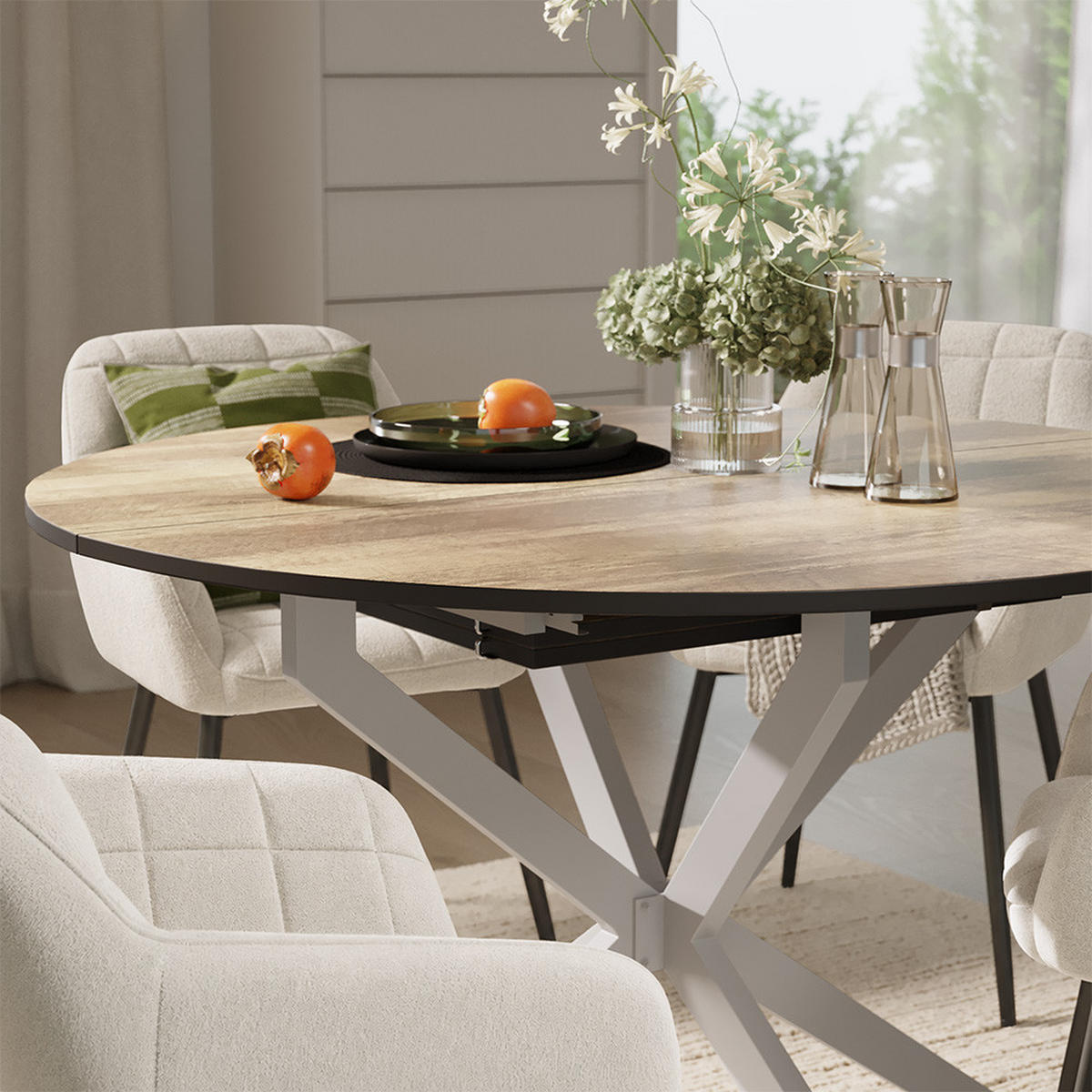ESSTISCH-SET Loyd, Eiche rustikal/Grau, 120 x 120 cm mit 4 Esszimmerstühlen (Beige) - Wildeiche/Grau, Holzwerkstoff (120/76.5/120cm) - Vicco