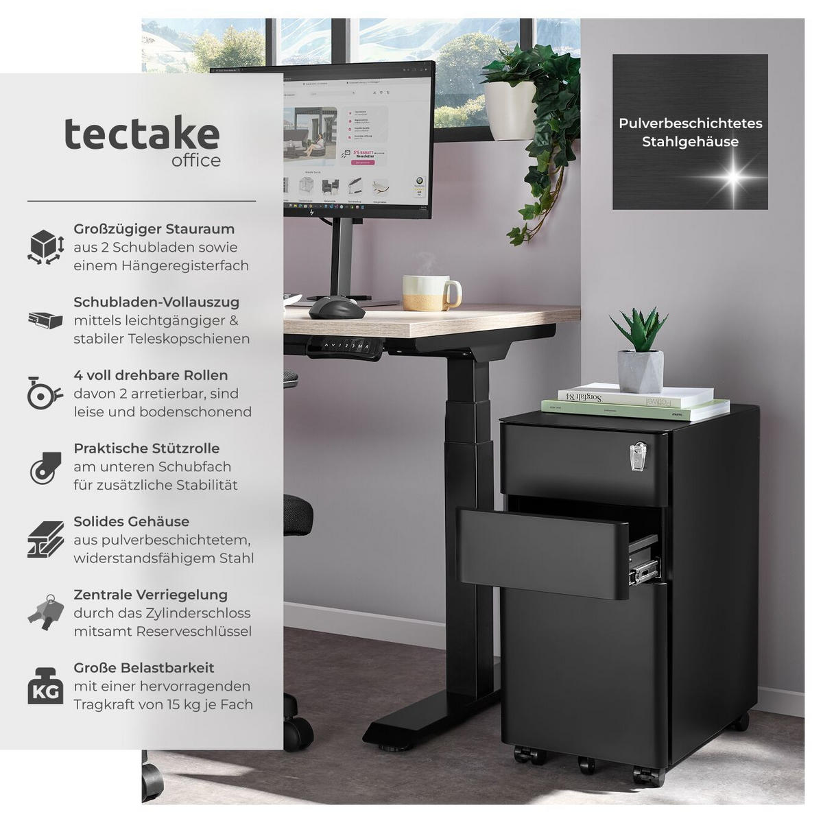 AKTENROLLSCHRANK Parvus,30 x 50 x 59,5 cm,schwarz - Schwarz, Textil (30/59.5/50cm) - tectake