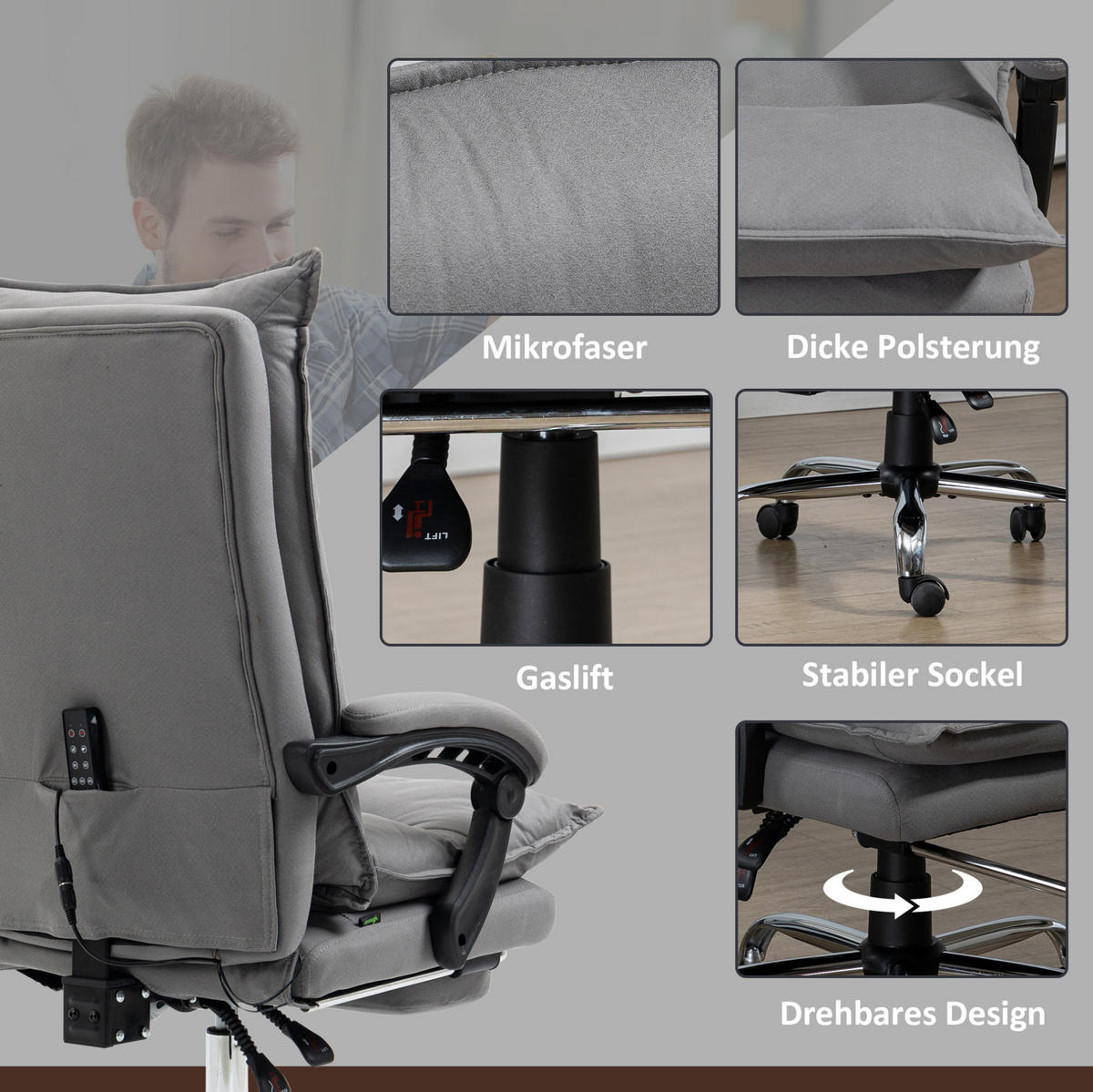 BÜROSTUHL mit Massagefunktion höhenverstellbar Grau - Grau, Kunststoff (74/121.5/66cm) - Meubliv