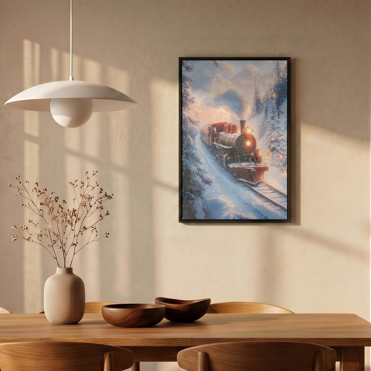 LEINWAND Bilder mit Rahmen - Weihnachtszug - Schnee - Winter - Weihnachten - 40x60 - Dunkelrot, Textil (40/60cm) - MuchoWow