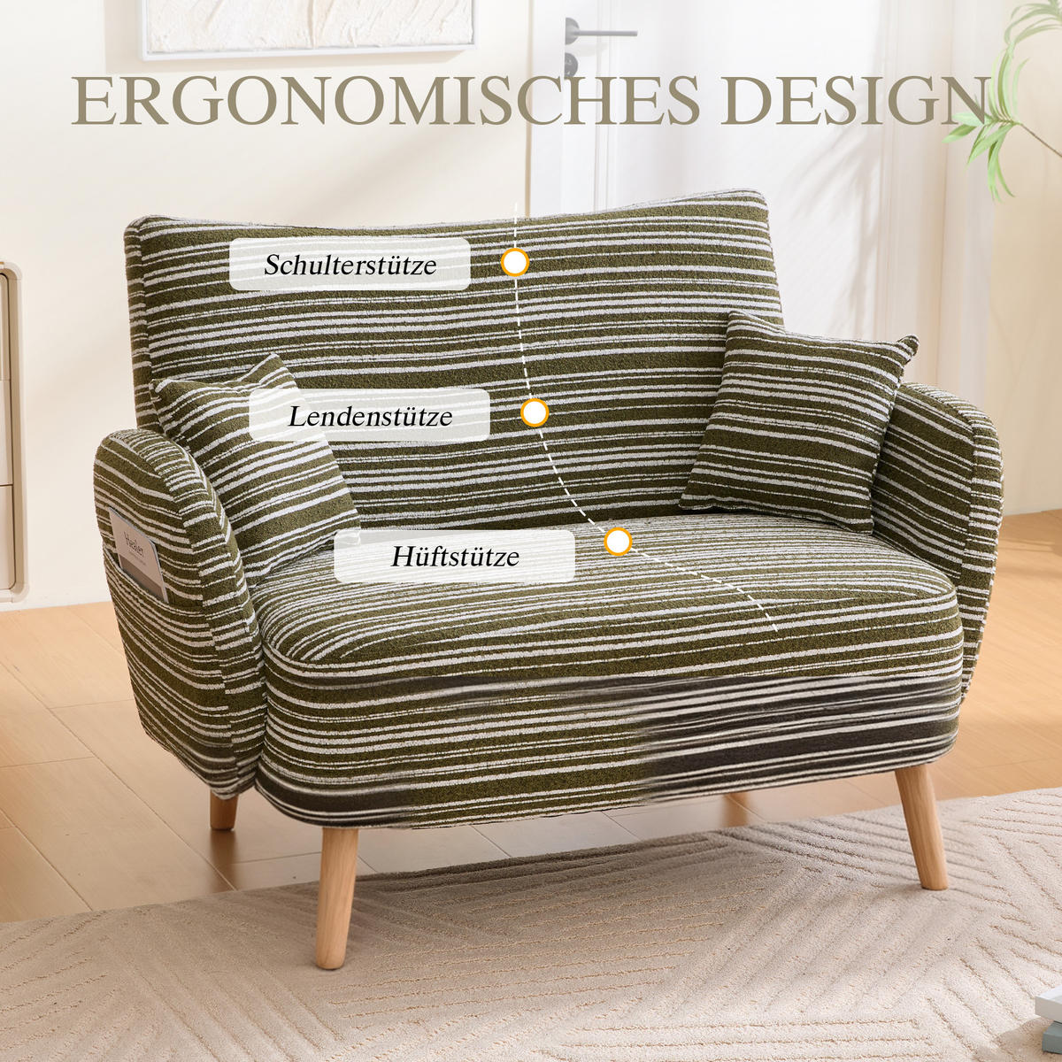 2-SITZER Sessel Grün mit Armlehnen & Seitentasche, modernes Stoffsofa - Grün, Textil/Metall (121/87/81cm) - PARAFTA HOME