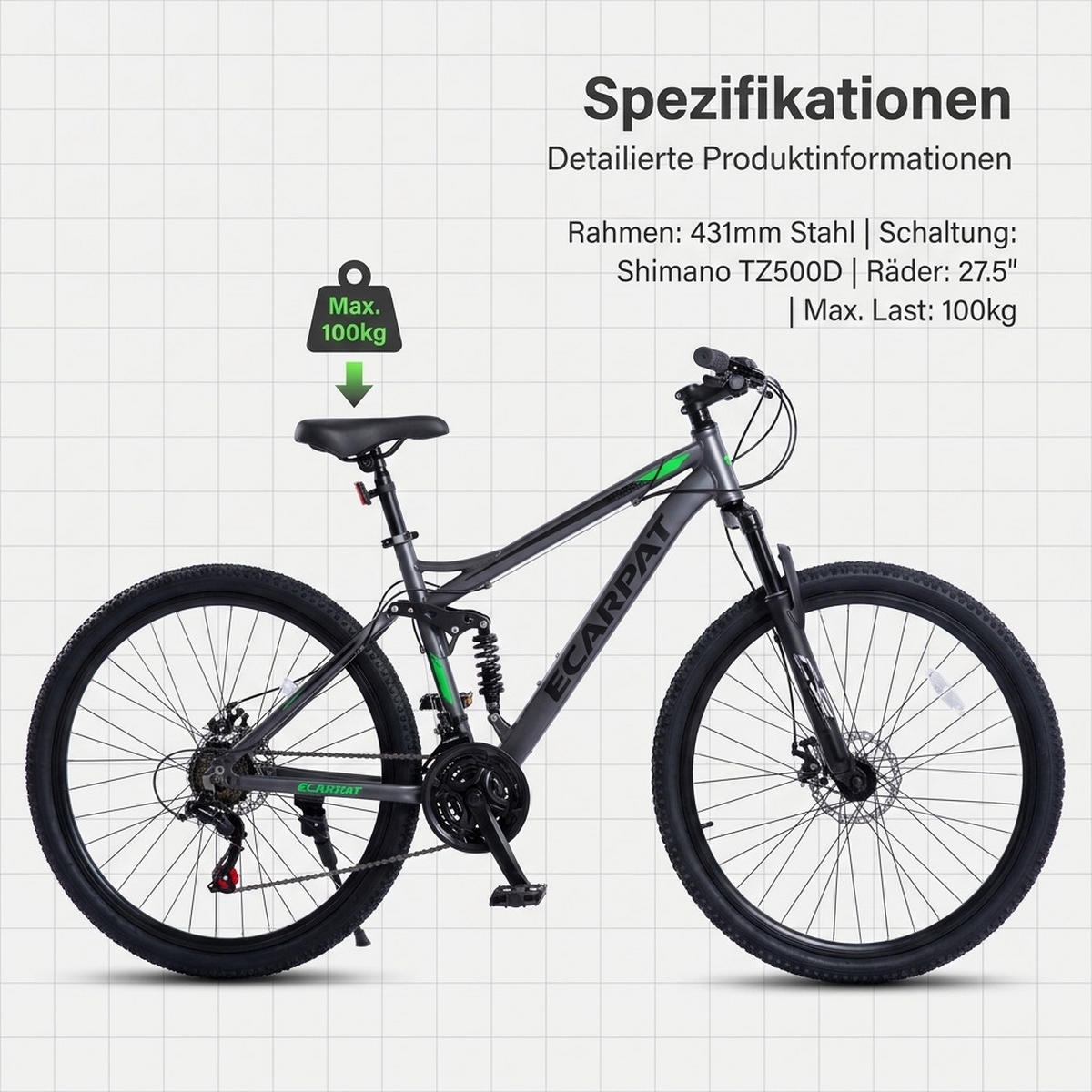 MOUNTAINBIKE 26 Zoll Schwarz + Grün, 21-Gang-Schaltung, Doppel-Scheibenbremsen, Carbonstahl - Grau, Metall (20cm) - Oxeza