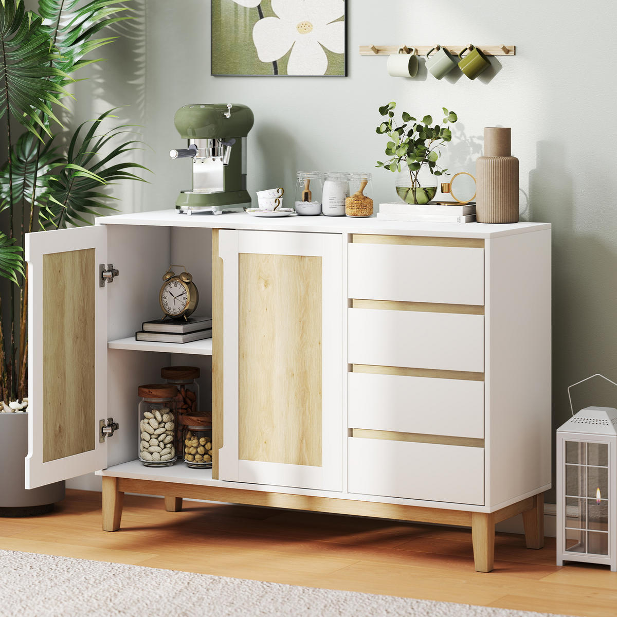 SIDEBOARD Weiß und Eichenfarben 120/40/86 cm - Weiß, Holzwerkstoff (120/86/40cm) - PANGIVO