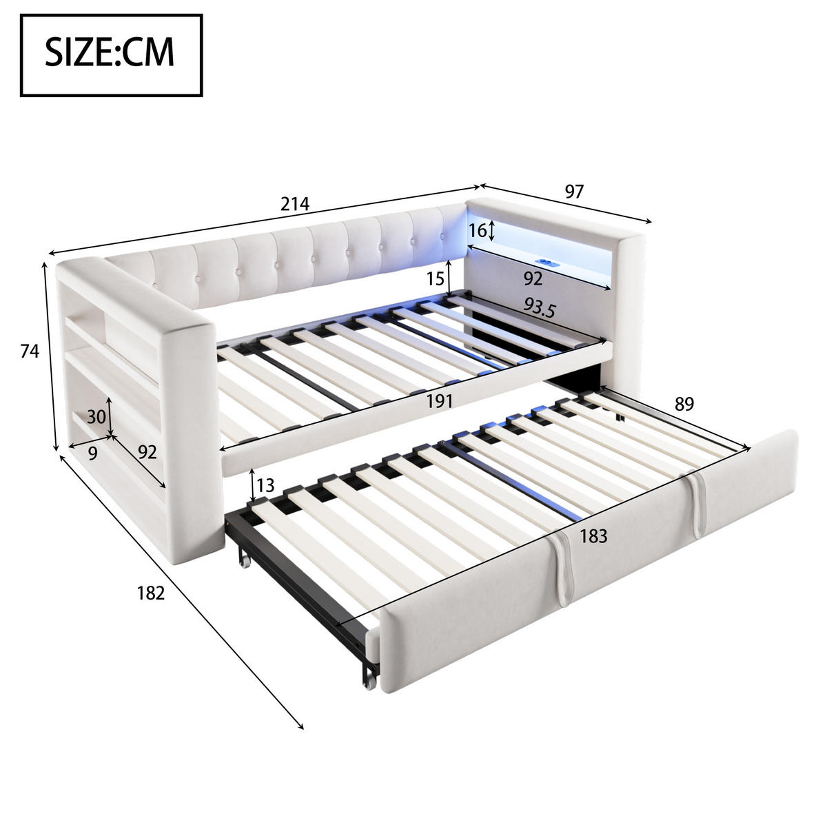 AUSZIEHBETT 90/180/190 cm DE-02084, in Beige, mit LED und Steckdosen - Beige, Metall (90/190cm) - ComfortXL