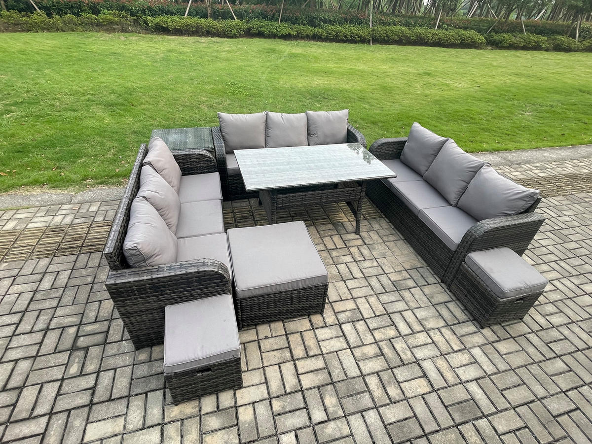GARTENTISCHGRUPPE mit 3 Hocker Polyrattan Dunkelgrau 12-Sitzer - Dunkelgrau/Grau, Glas/Kunststoff - Fimous