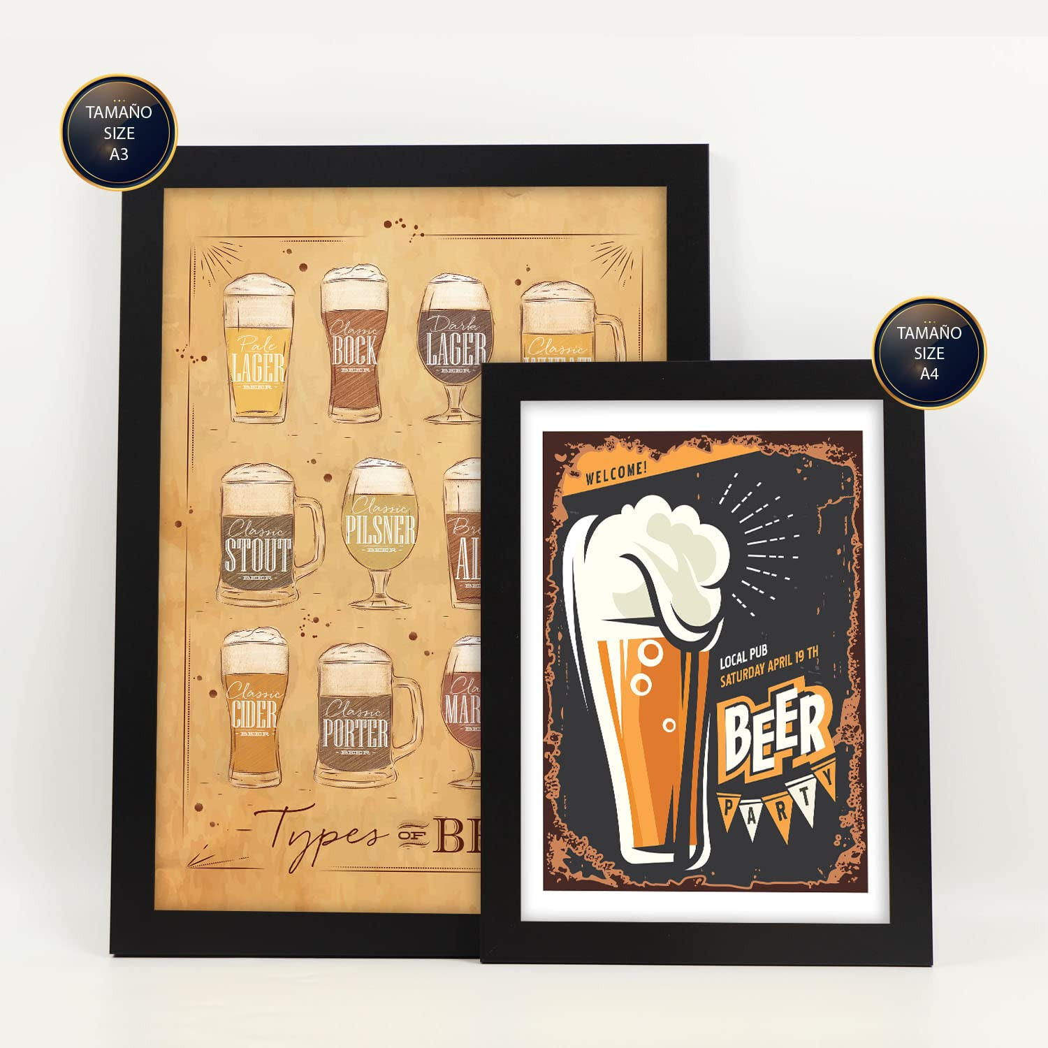 POSTER Set Mit 6 Bier Schilder Vollfarbige Illustrationen Von Kaffee & Getränken Im Werbetafel Illustrationen Für & Heim A3 & A4 Schwarzer Rahmen - Schwarz, Papier (29/3cm) - Nacnic