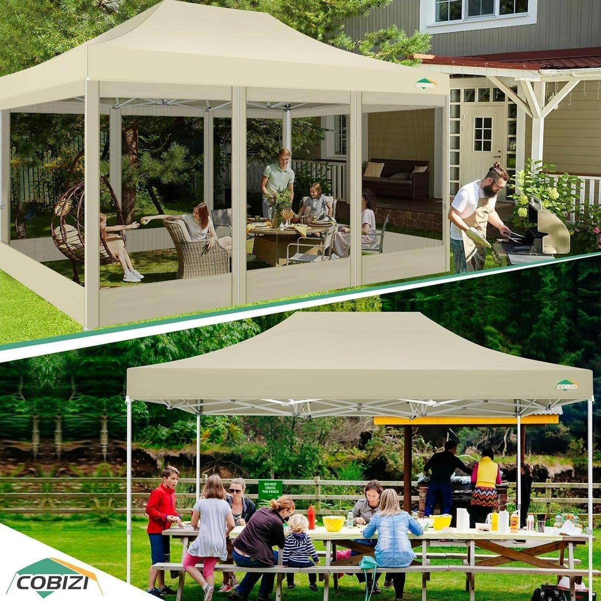 FALTPAVILLON 3 x 4.5 m Wasserdicht mit 4 Netzseitenwänden Khaki - Beige, Textil (300/336/450cm)