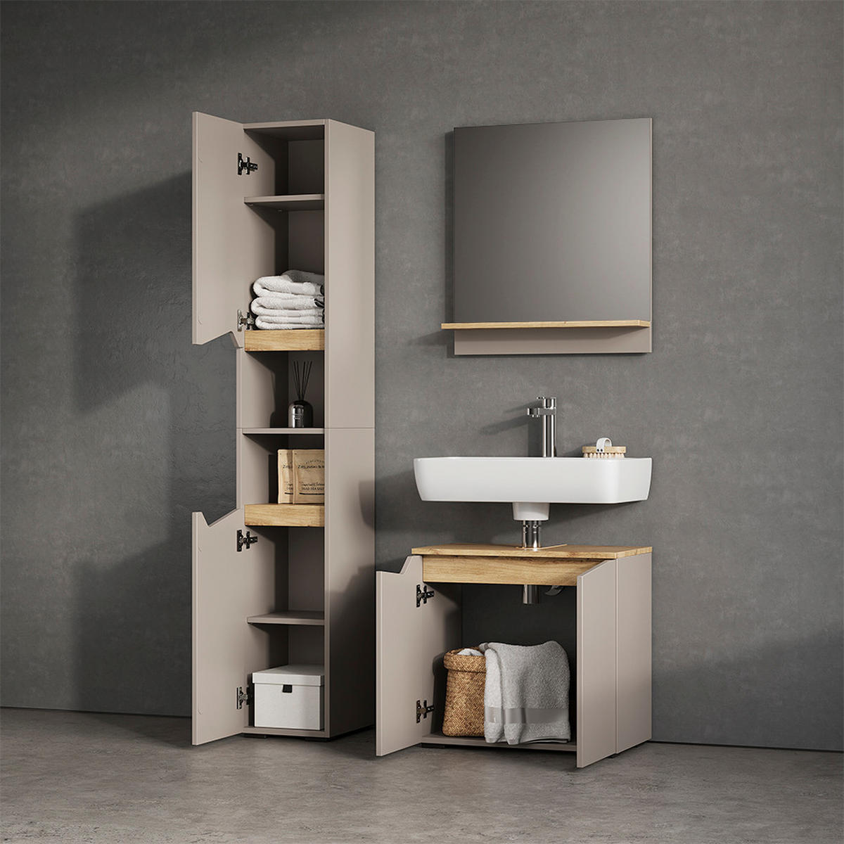 BADSCHRANK Timavo Greige 30 x 180 cm mit Türen, und offenen Fächern - Greige/Grau, Holzwerkstoff (30/180/35cm) - Livinity®