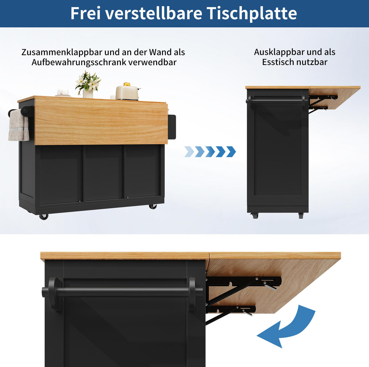 KÜCHENINSEL aus MDF 140x40x93,5 cm Schwarz mit klappbarer Platte, Weinregal, Handtuchhalter und Rollen - Schwarz, Holzwerkstoff (140/93.5/40cm) - Modfu