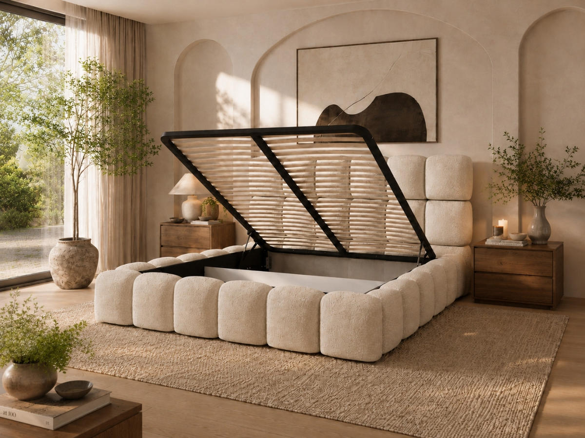 POLSTERBETT TESSA 140x200 cm in Creme, gepolstertes Kopfteil, Metalllattenrost, Bettkasten, Bouclé-Stoff - Ecru, Holz/Textil (140/200cm) - EMLAR Home