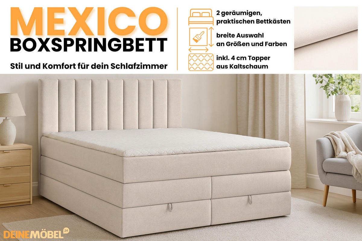 BOXBETT MEXICO 160/200 in Velours Ecru mit Doppelmatratze - Ecru, Holz/Holzwerkstoff (160/200cm) - Deine Möbel 24