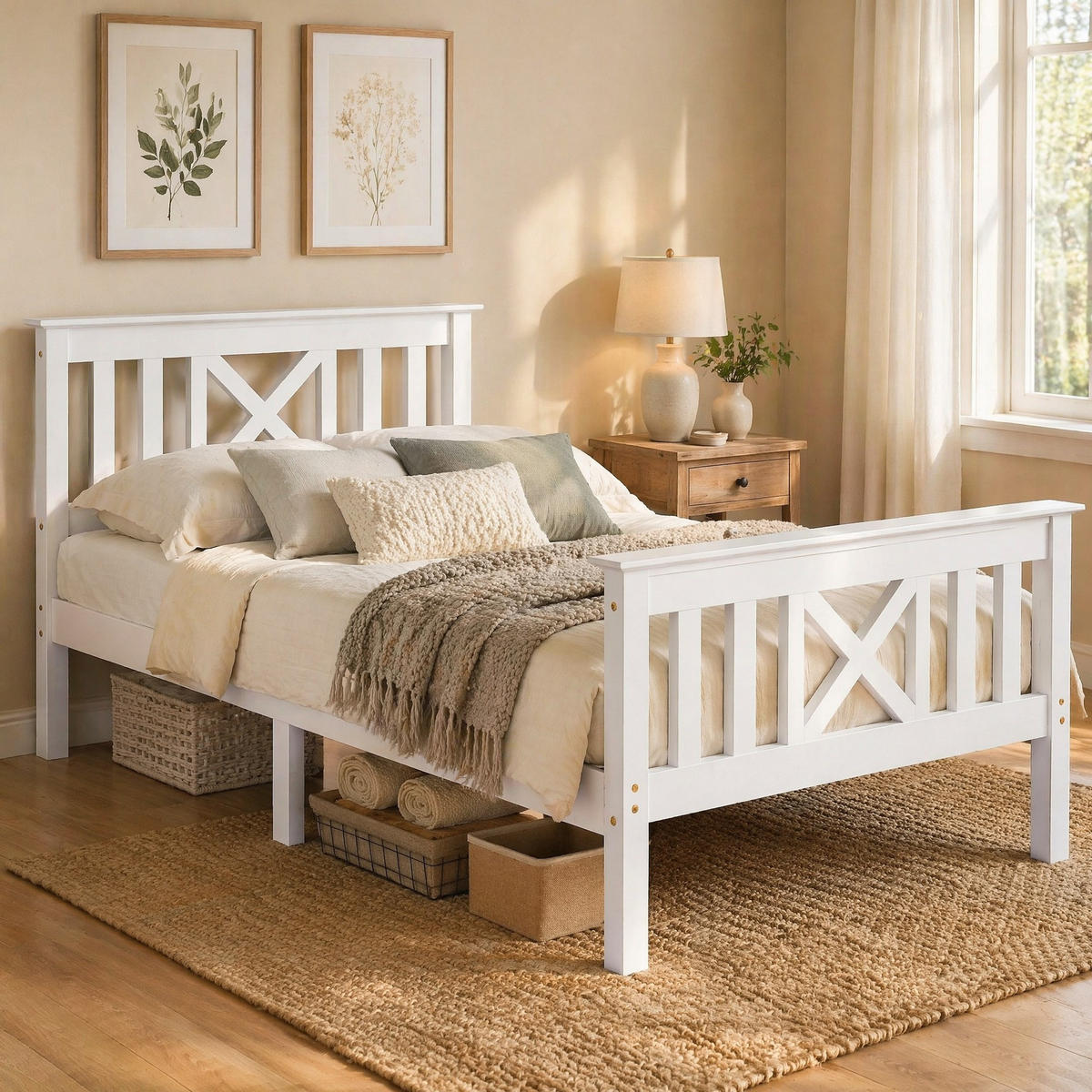 BETT 90/200 cm aus Massivholz in Weiß mit Lattenrost und X-Kopfteil - Weiß, Holz (90/200cm) - Flora Grace