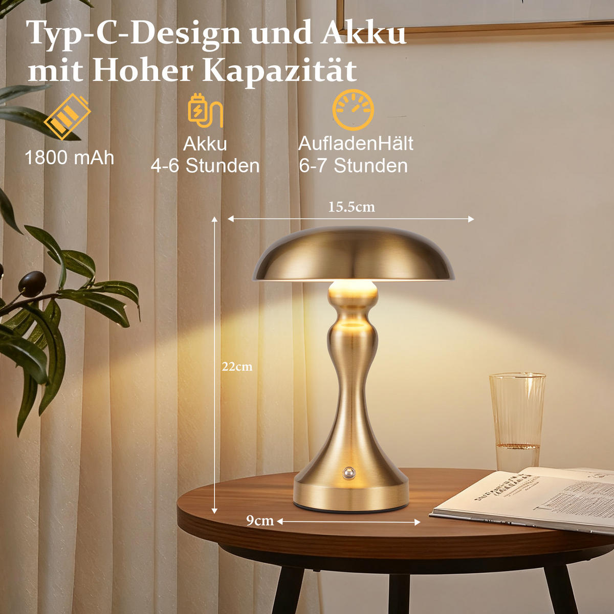 LED stolní lampa, rozměry 15,5/15,5/22 cm - zlatá, kov (15.5/15.5/22cm) - Nettlife