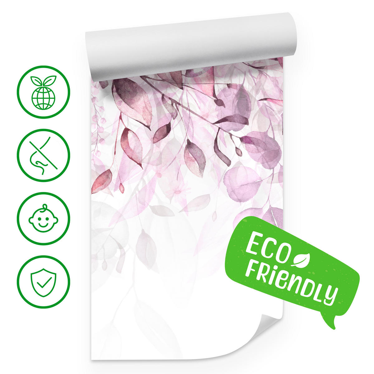 FOTOTAPETE für Schlafzimmer Aquarell Zarte Rosa Blätter Botanisch 450x315 - Violett/Weiß, Papier (450/315cm) - Muralo