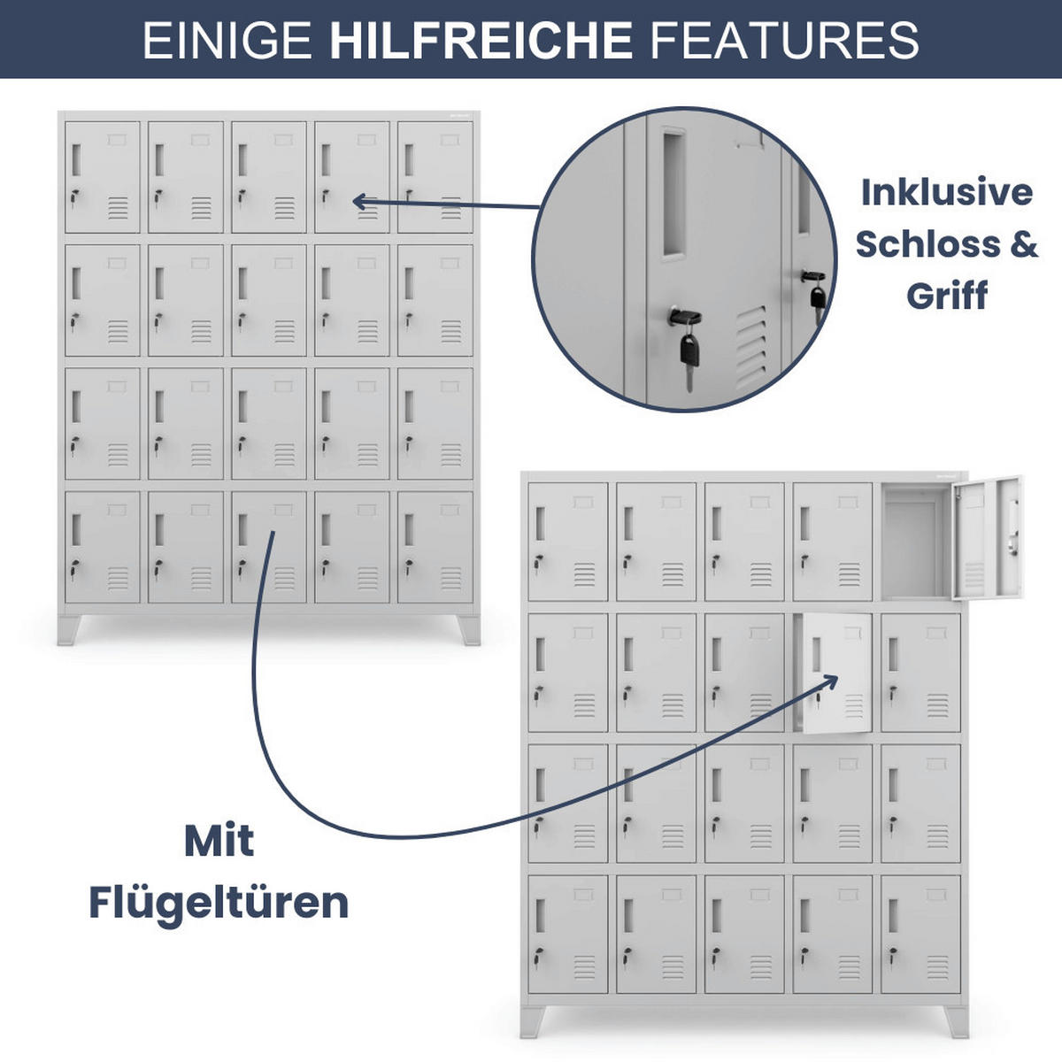 SCHLIESSFACHSCHRANK Spind TAMPA 20 Fächer172x136x45cm Grau - Grau, Metall (136/172/45cm) - DELUKE