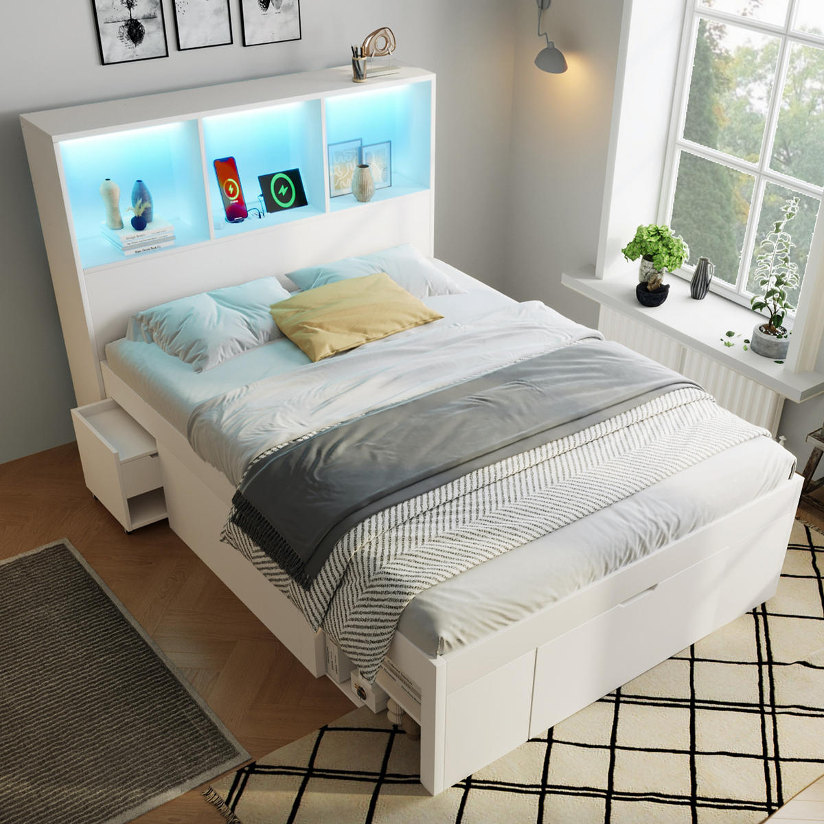 POLSTERBETT 90x200 cm in Weiß mit LED-Beleuchtung & Ladestation - Weiß, Holzwerkstoff (90/200cm) - Modfu