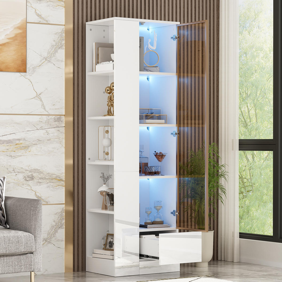 VITRINE 50x35x160 cm Weiß mit LED und Glastür - Weiß, Holzwerkstoff (50/160/35cm) - FLIEKS