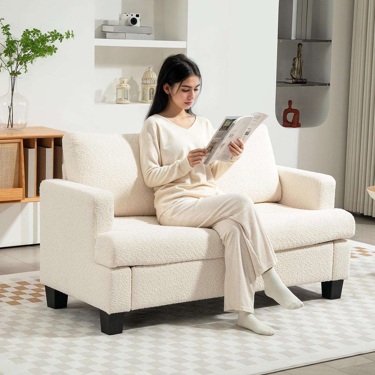 SOFA, 2-Sitzer, 120cm, Chenille-Bezug, abnehmbare Rückenkissen, beige - Multicolor, Holzwerkstoff (140/85/70cm) - FORIOUS