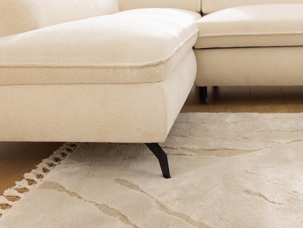 ECKSOFA mit Schlaffunktion und Bettkasten Bonnie aus Hellbeige Chenille-Stoff mit verstellbaren Kopfstützen und Armlehne - Ottomane links - Beige/Schwarz, Holz/Textil (275/210cm) - S-Style Möbel