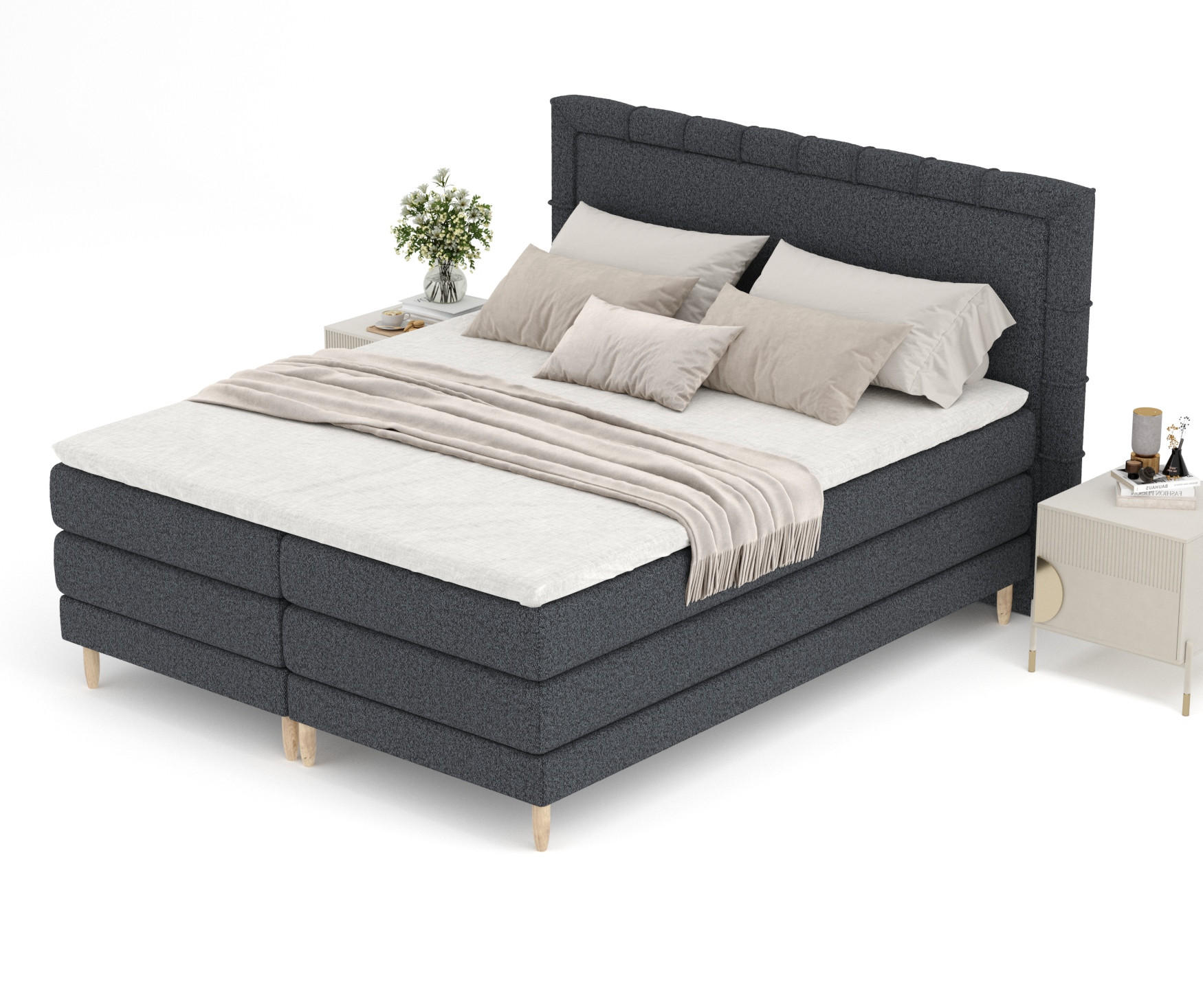 BOXSPRINGBETT Rimini Schwarz 160/200 cm mit Matratze und Topper - Schwarz/Naturfarben, Holz/Holzwerkstoff (160/200cm) - Maison de Reve