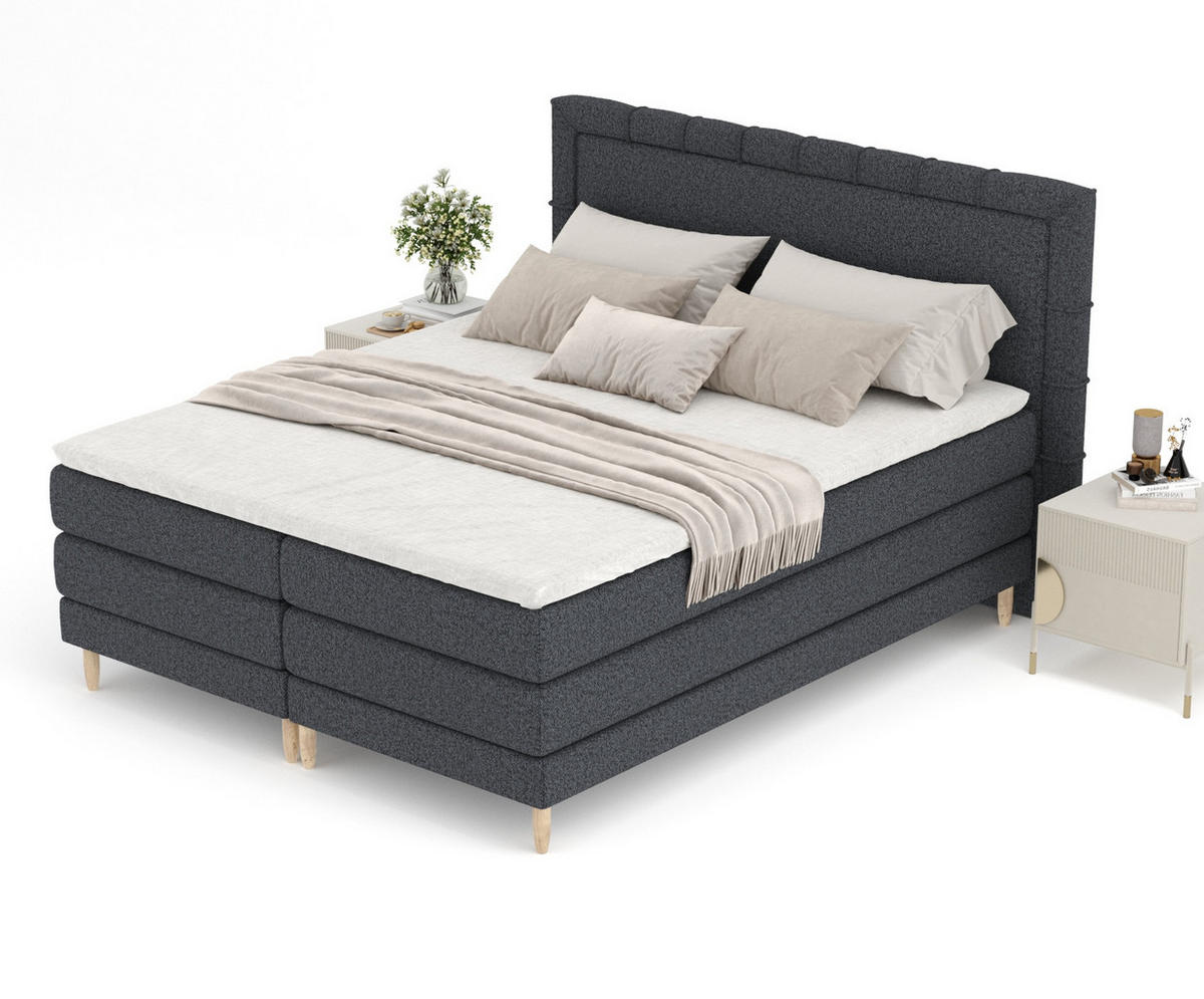 BOXSPRINGBETT Rimini Schwarz 200/200 cm mit Matratze und Topper - Schwarz/Naturfarben, Holz/Holzwerkstoff (200/200cm) - Maison de Reve