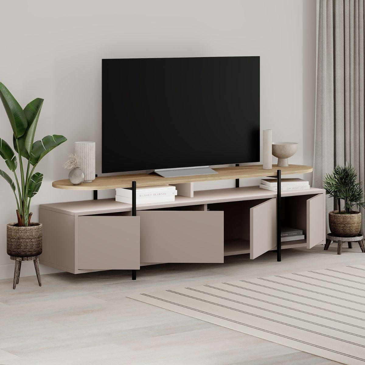 TV-MÖBEL mit 4 Türen und Metallfüßen L160 cm - Hinoa - Taupe, Holzwerkstoff (38.5/48/160cm) - Calicosy