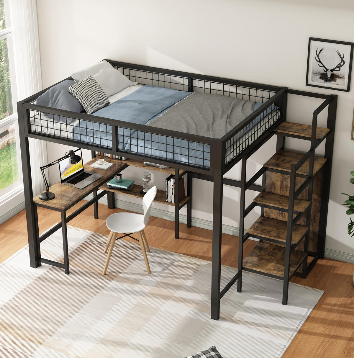 HOCHBETT 140/200 cm mit Schreibtisch, Regalen und Kleiderschrank in Schwarz/Braun - Schwarz, Metall (140/200cm) - BEAOK