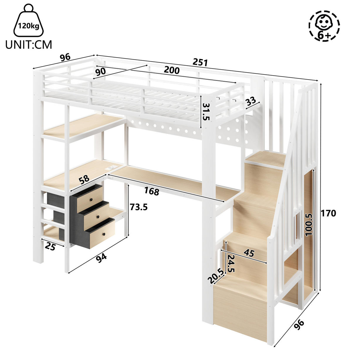 HOCHBETT 90/200 cm, Weiß mit Schubladen, Tisch, Steckdose und LED-Licht - Weiß, Metall (90/200cm) - MIVRAY