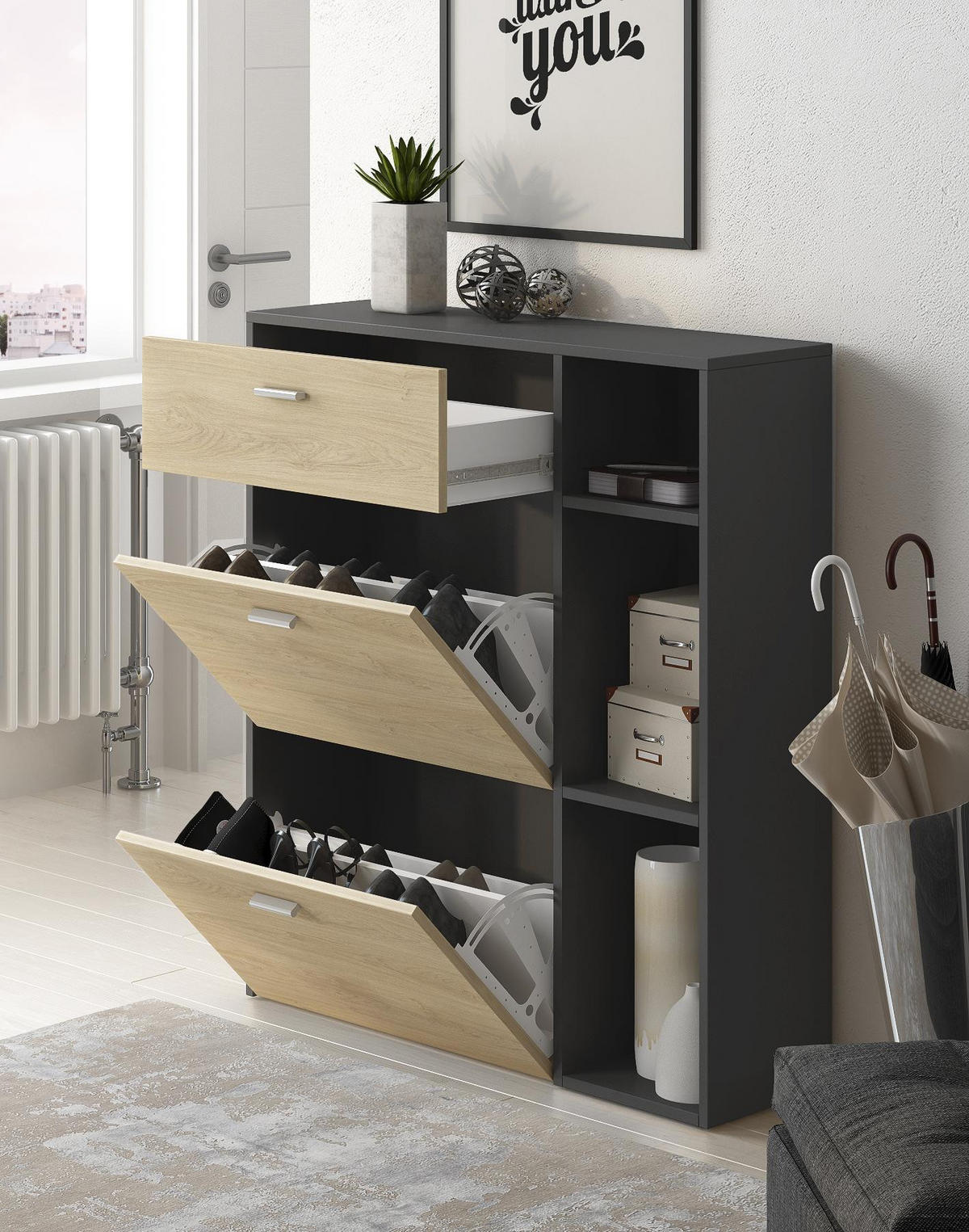 SCHUHREGAL Anthrazitgrau, eiche, 90/26/102cm - Anthrazit, Holzwerkstoff (90/102/26cm) - Skraut Home