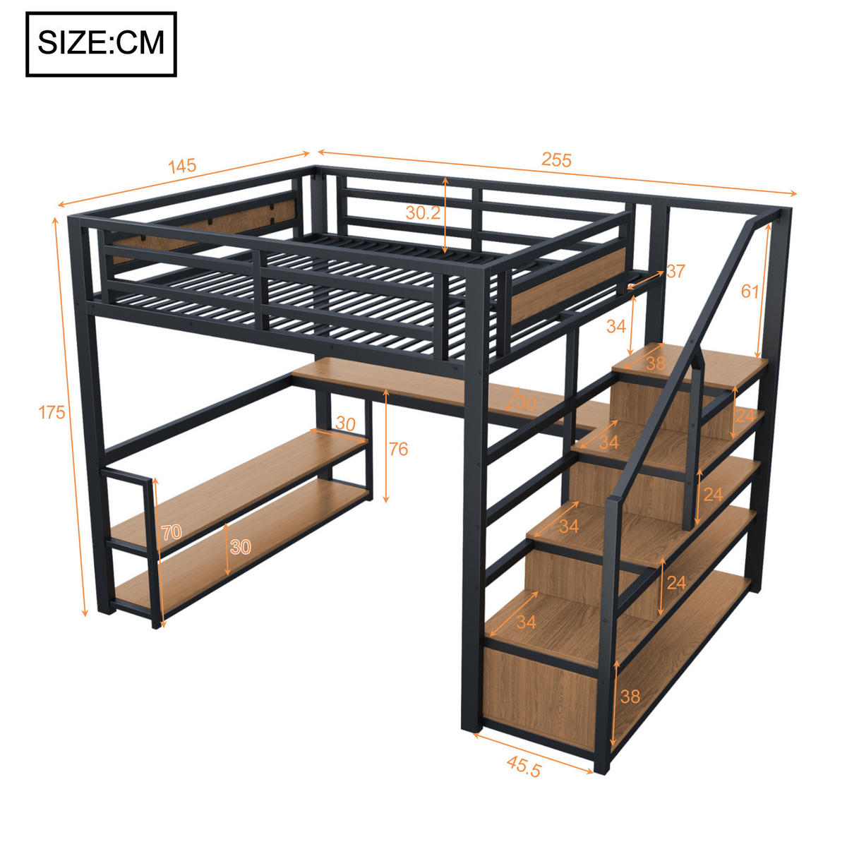 HOCHBETT 140/200 cm aus Metall und MDF mit Leiterregal und Schreibtisch Schwarz - Schwarz, Metall (140/200cm) - Modenvie