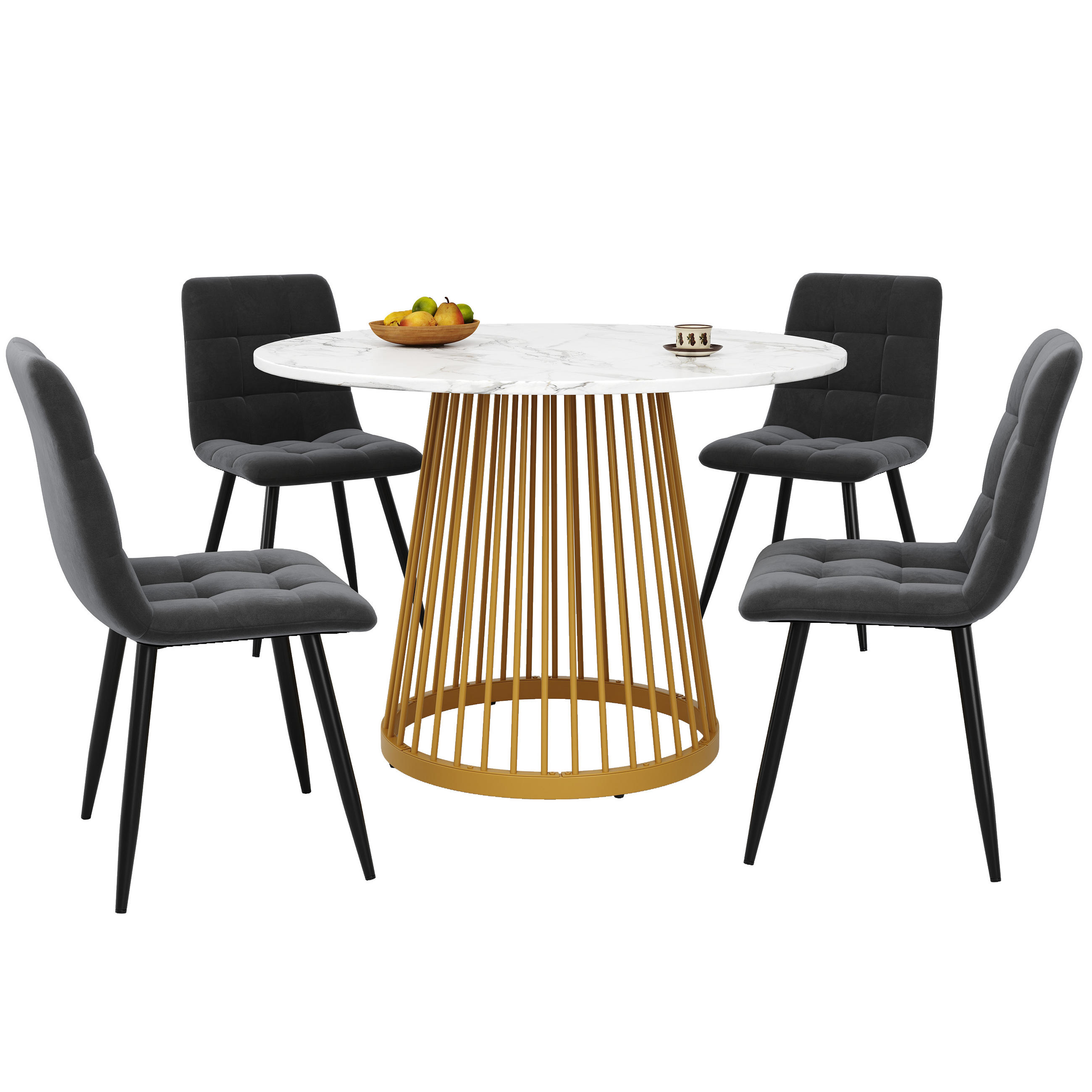 ESSTISCHSET 5-Teilig Rund 80 Cm, Weiße MDF, 4 Dunkelgraue Samtstühle, Gold - Multicolor, Metall (80/76/80cm) - FLIEKS