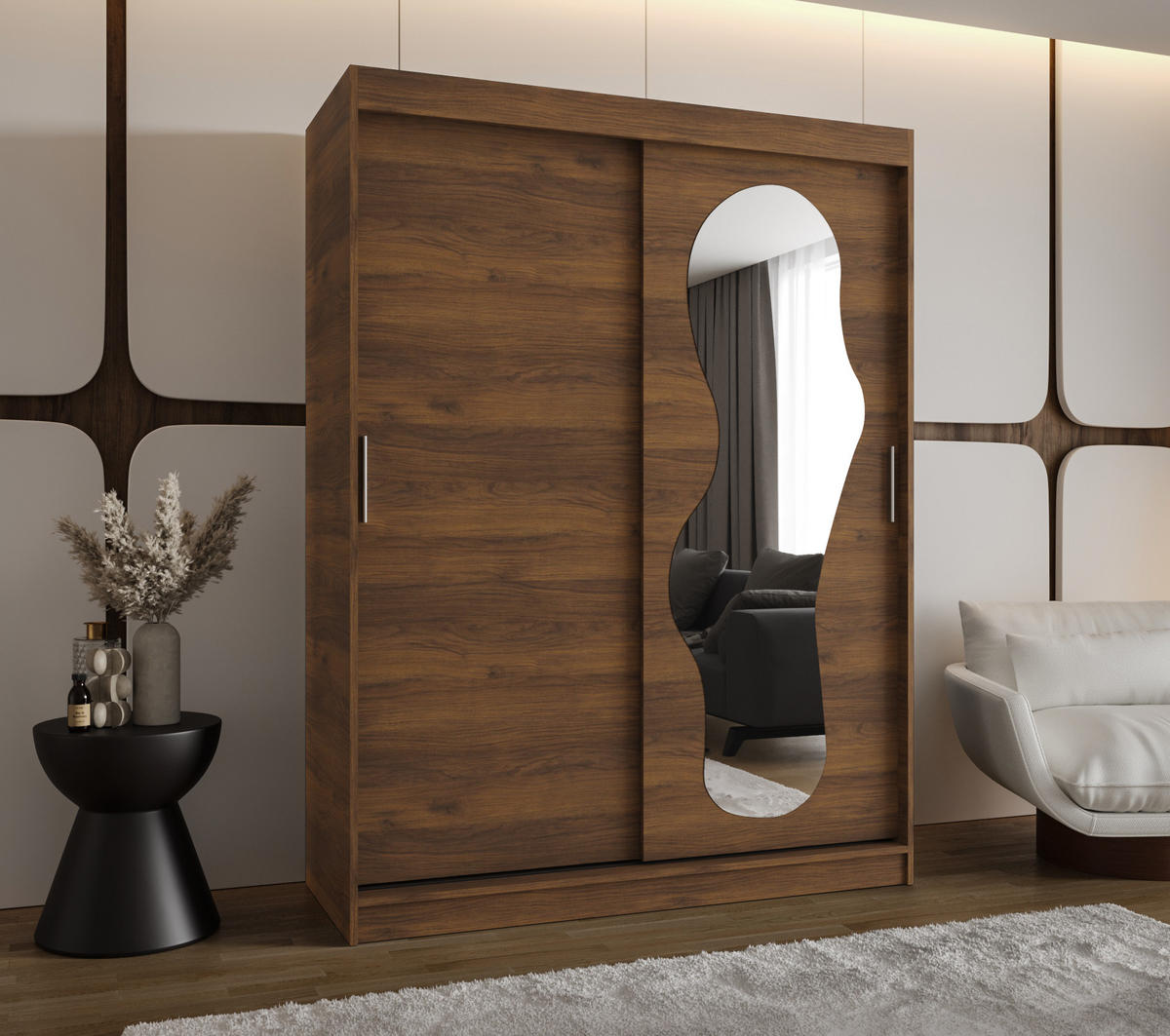 SCHIEBETÜRENSCHRANK mit Spiegel ULTRA 200/150/62 2-türig - Silberfarben/Walnussfarben, Holz (150/200/62cm) - MÖBEL KRYSPOL