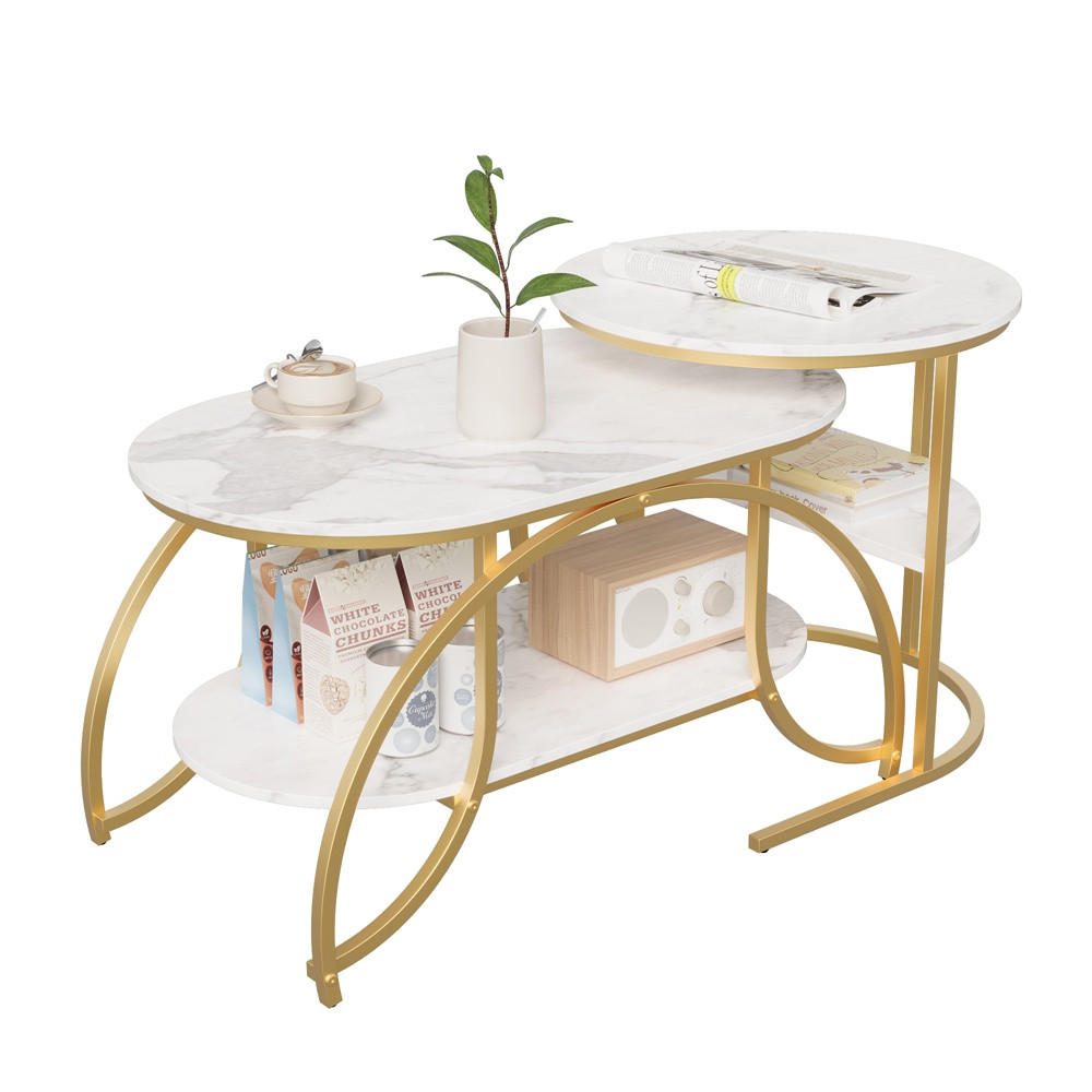 COUCHTISCH 2er-Set - Ovaler und Runder Beistelltisch mit Ablage in Marmoroptik - Weiß und Gold - Goldfarben, Holzwerkstoff (46/80/45cm) - DELFA