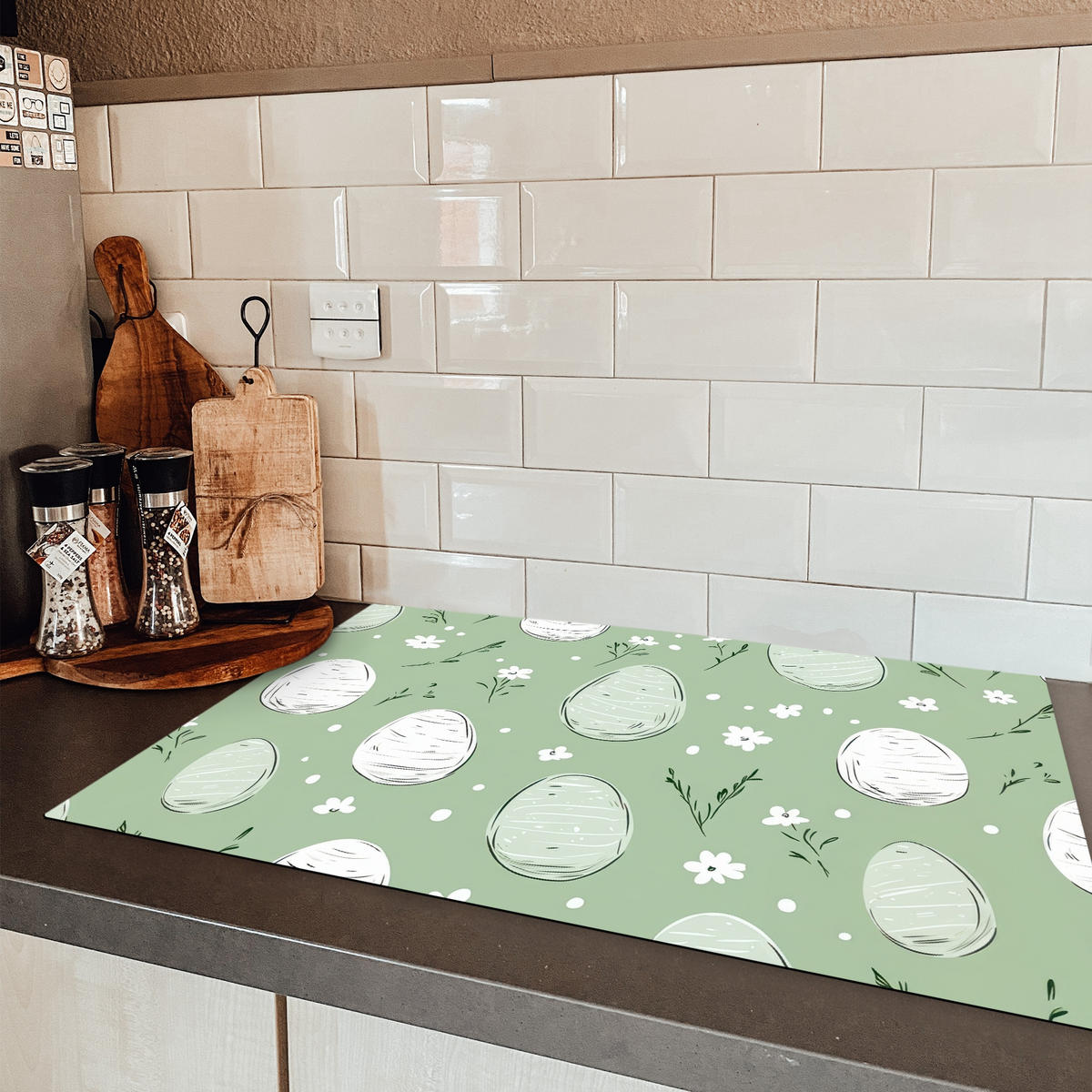 HERDABDECKPLATTE Grün - Eier - Muster Ceranfeldabdeckung 80x52 cm - Waldgrün, Kunststoff (80/52/0.2cm) - MuchoWow