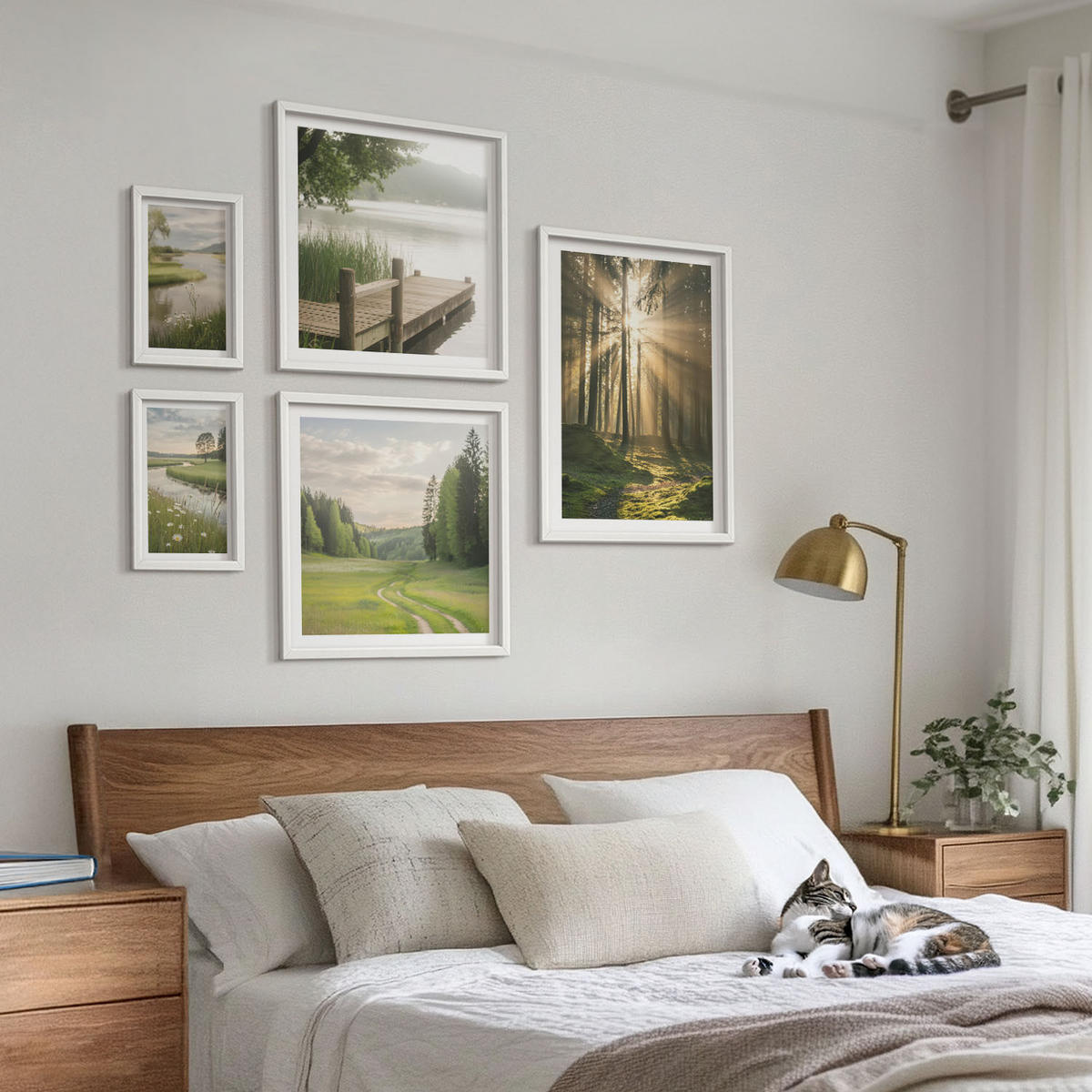 BILDER SET 5er Set - 50x50 cm & 20x30 cm & 40x60 cm Weißer Rahmen - Frühlingslandschaft Flusswiese - Weiß, Kunststoff (40/60cm) - TULUP