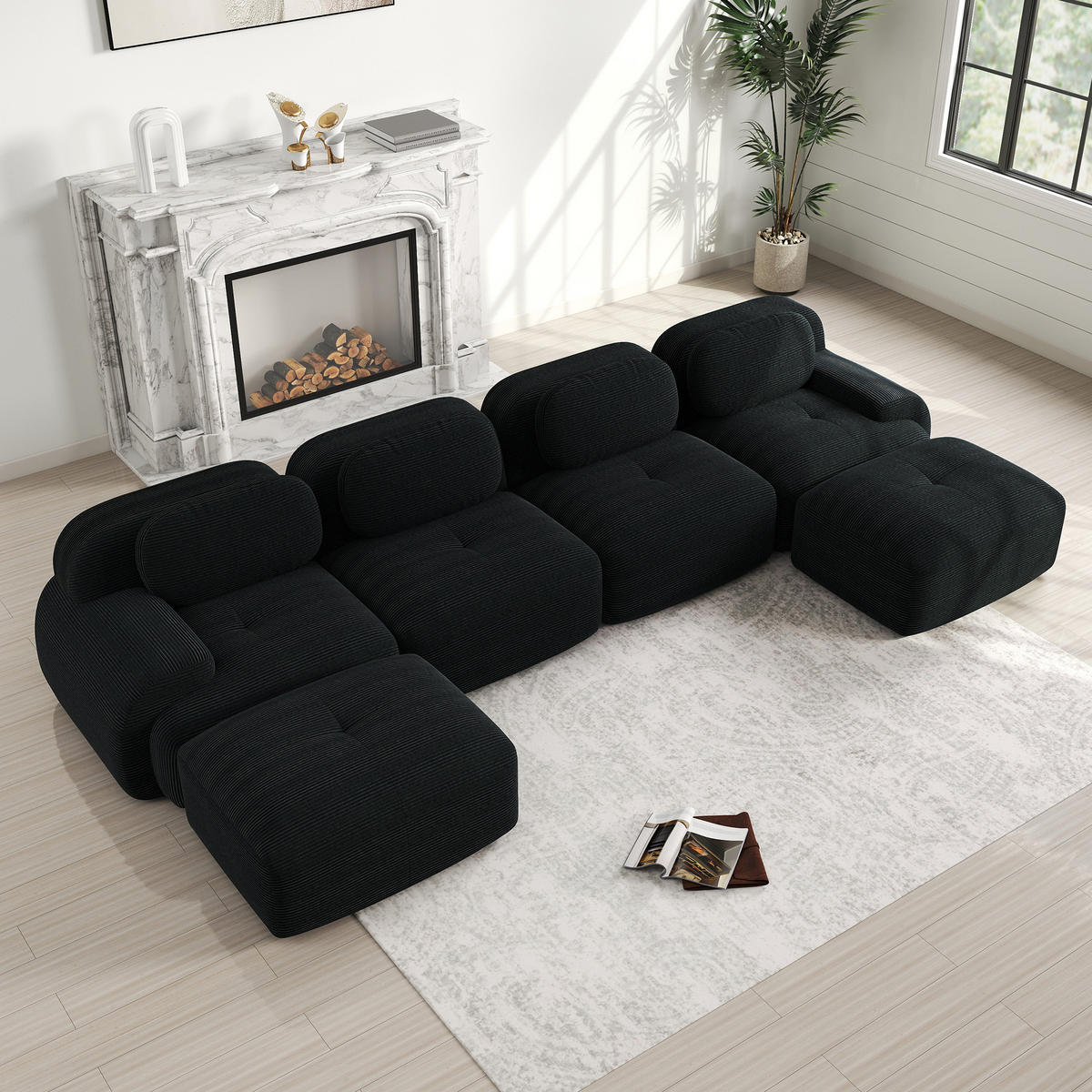ECKSOFA 388/178/75 cm schwarz aus Cordstoff montagefrei mit ergonomischer Form - Schwarz, Textil (178/388cm) - OKWISH