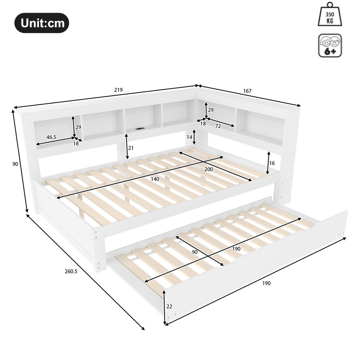 BETT aus Kiefer und MDF 140x200 cm Weiß mit ausziehbarem Rollbett, 2 Schubladen, Steckdose und 2 USB-Anschlüssen - Weiß, Holzwerkstoff (140/200cm) - Modfu