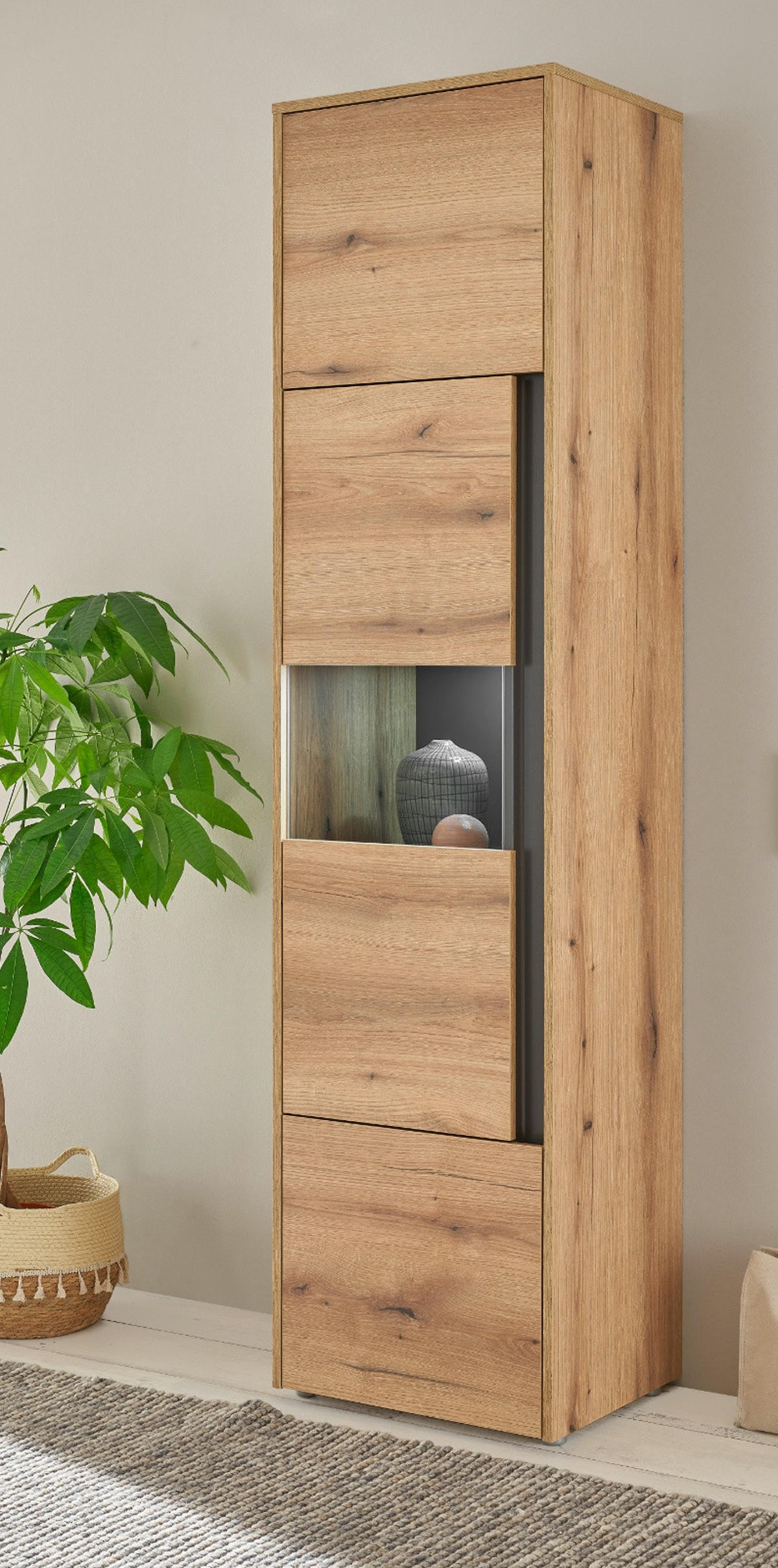 VITRINE Eiche Evoke 50 cm, Vitrinenschrank 3-türig mit 5 Fächern - Eichefarben/Schwarz, Glas/Holzwerkstoff (50/197/40cm) - Furn.Design