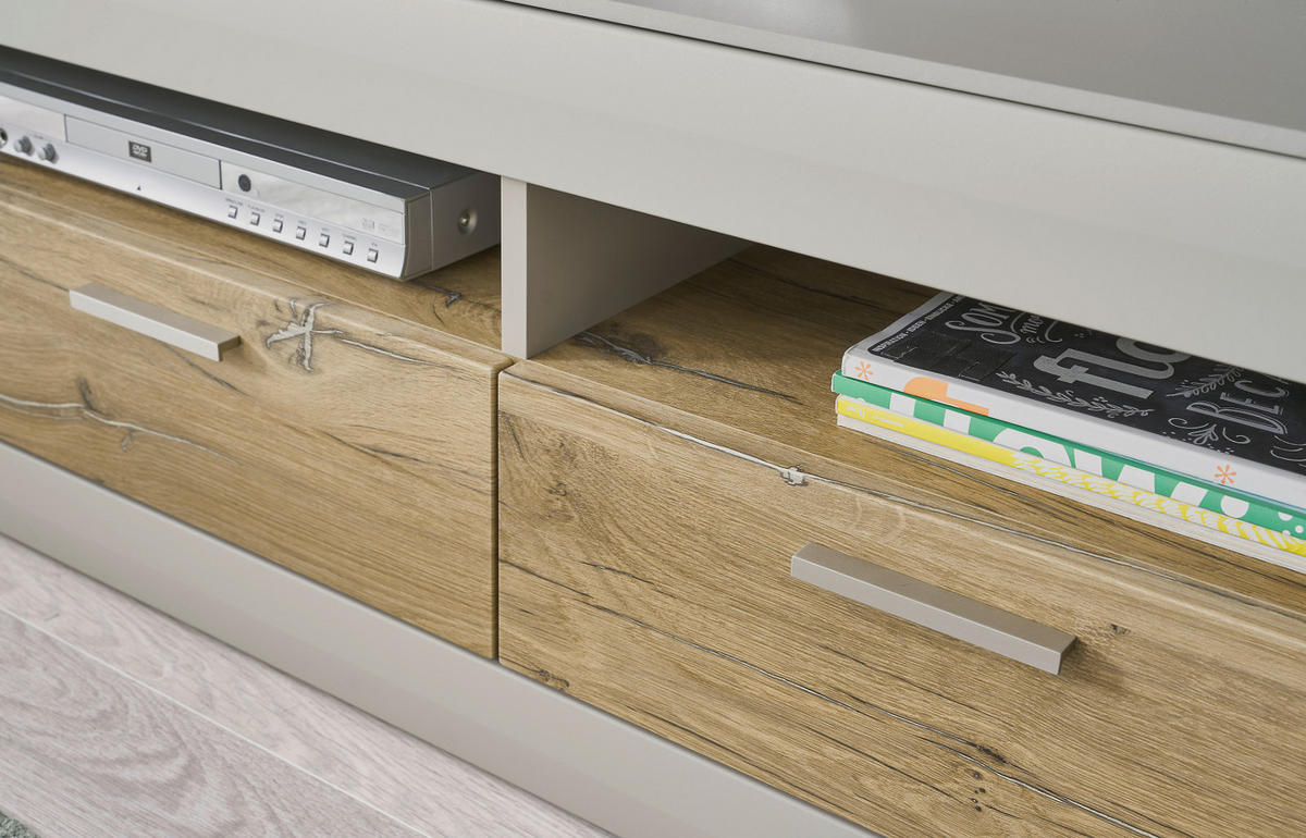 TV-LOWBOARD grau matt, Zinneiche 200, TV Unterteil XXL mit Soft-Close - Eichefarben/Silberfarben, Holzwerkstoff/Metall (200/46/45cm) - Furn.Design