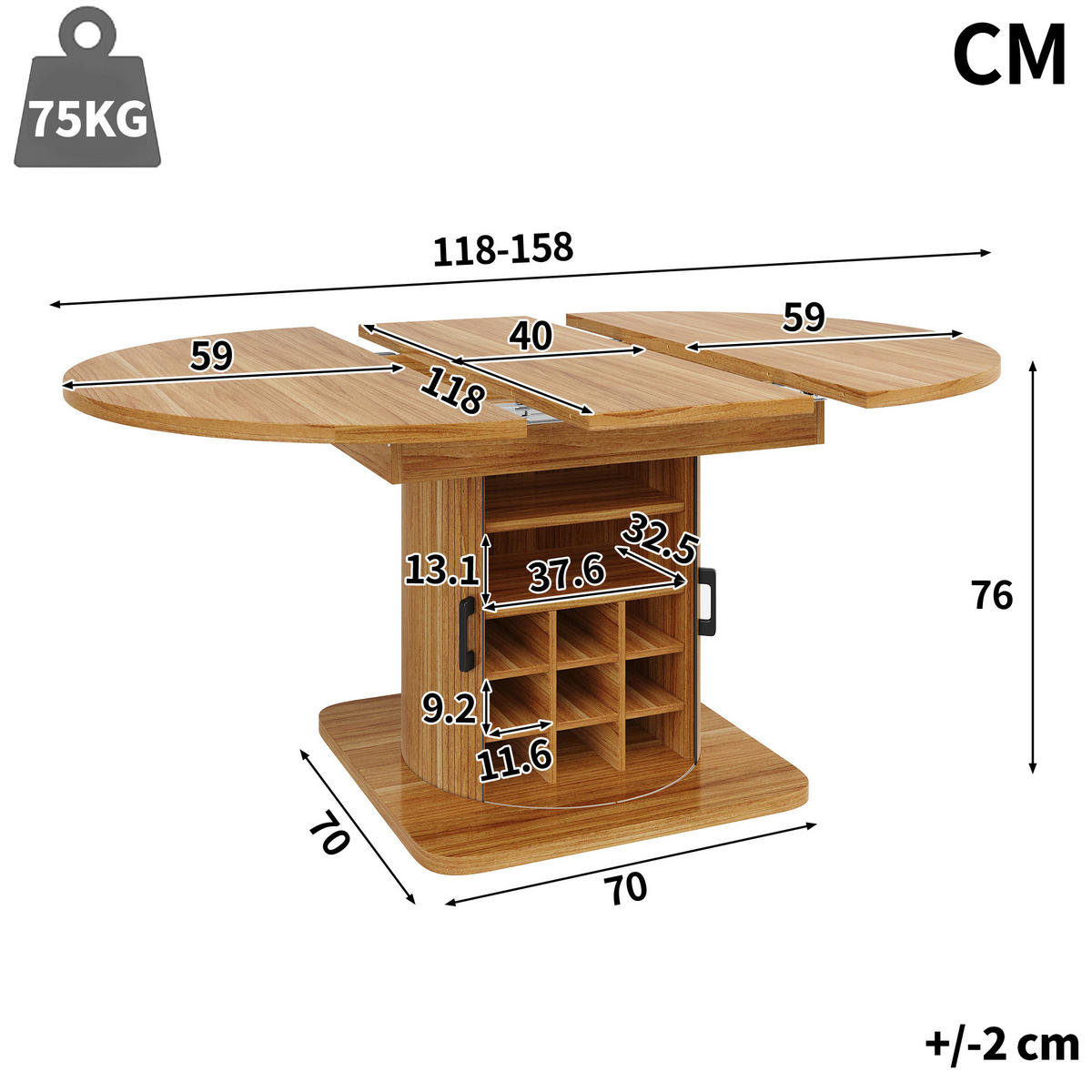 JEDILNA MIZA v naravno rjavi barvi, raztegljiva kuhinjska miza z odstranljivimi vložki za jedilnico - črna/temno rjava, kovina/leseni material (158/118/76cm) - STILVORA