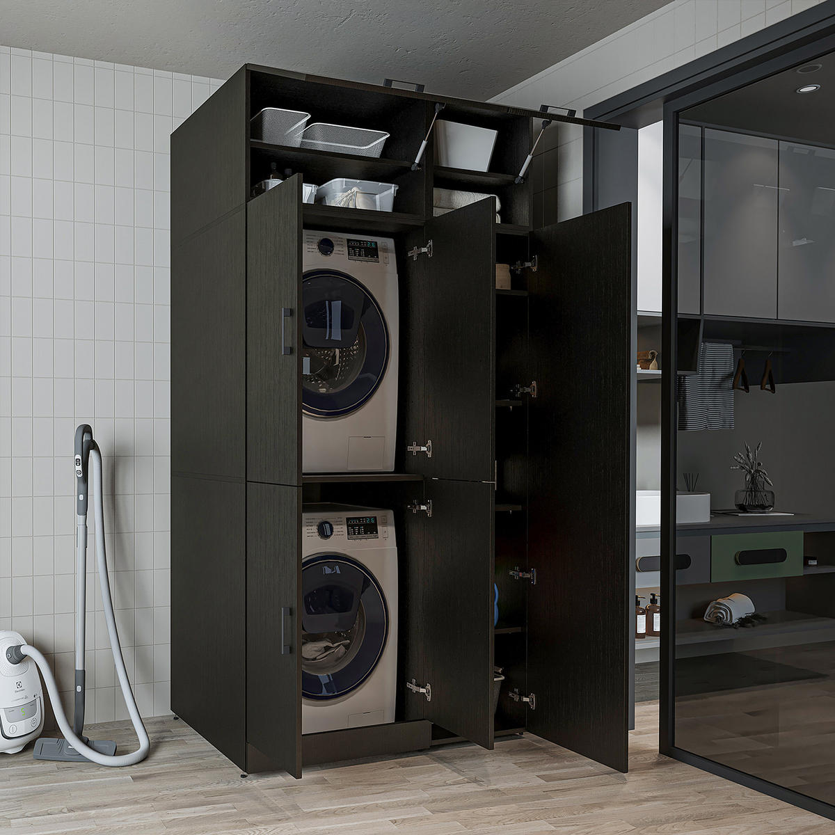 WASCHMASCHINENSCHRANK DORA-II 115cm Breit, 230cm Hoch - Schwarz, Holzwerkstoff (115/230/73.8cm)